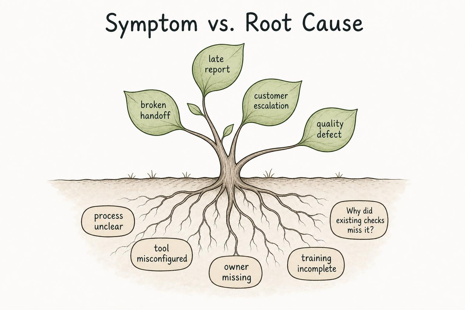 Most problems announce themselves through symptoms. RCA helps teams ask what conditions made the problem possible.