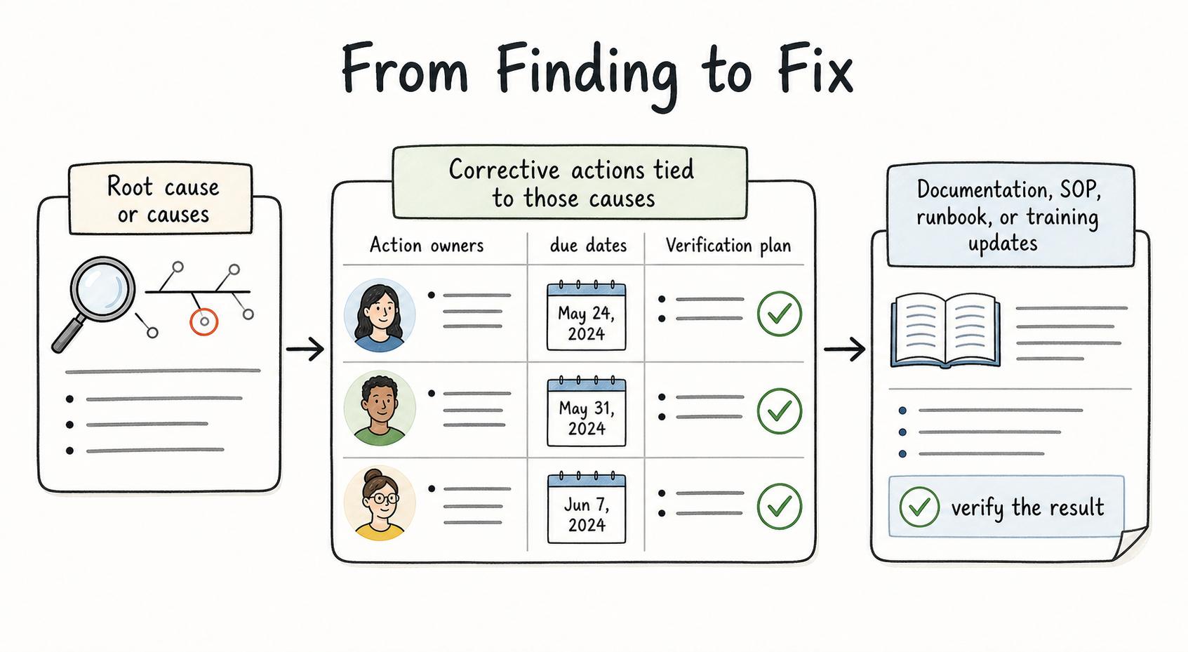 If nobody checks whether the corrective action worked, the organization has written a report, not improved the process.