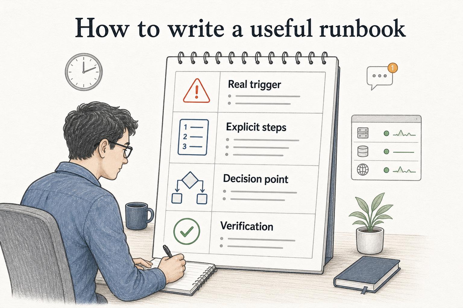 The strongest runbooks start with a real trigger and give responders explicit steps, decision points, and healthy-state checks.