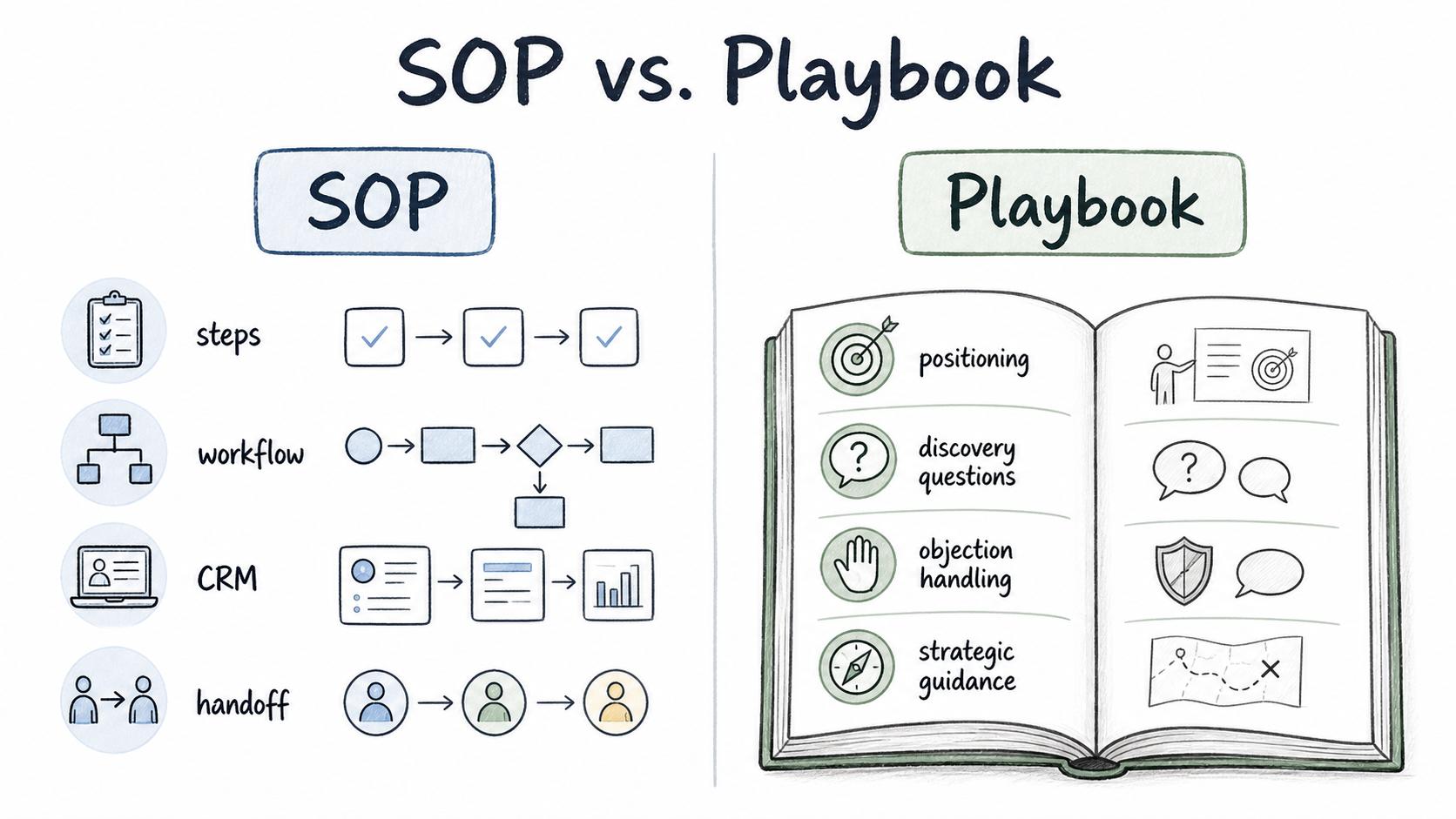 A sales SOP defines repeatable workflow steps; a sales playbook helps reps make better selling decisions.