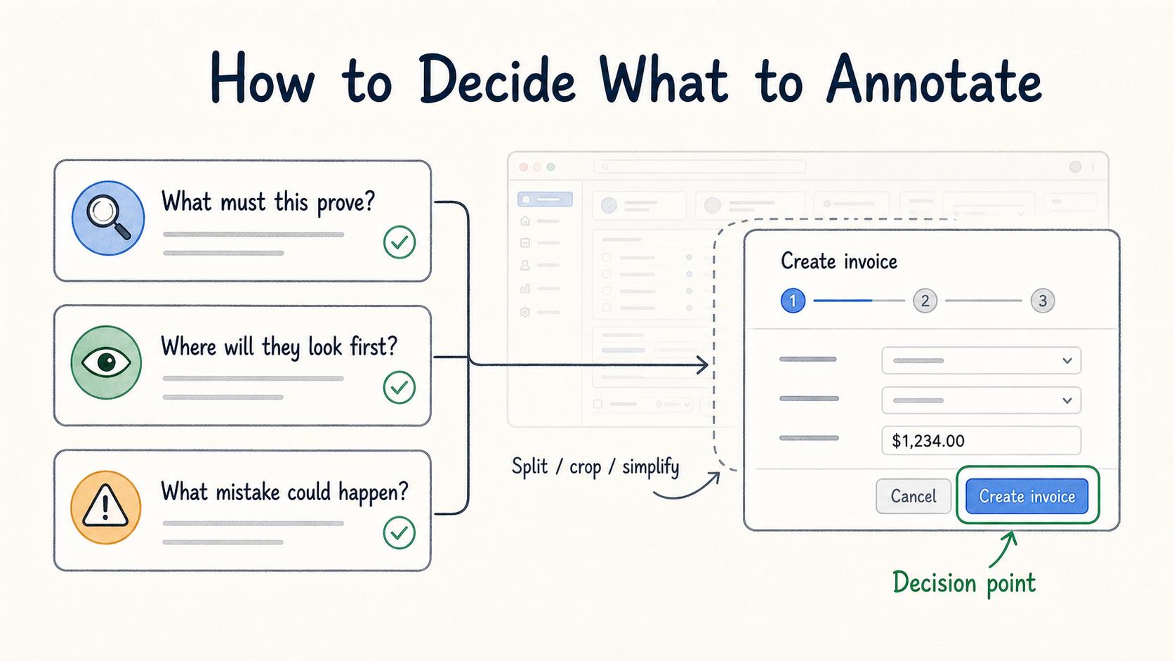 Decide what the screenshot needs to prove, where the reader will look first, and what mistake the annotation should prevent.