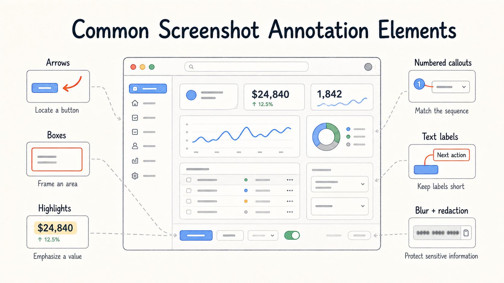 Common annotation elements remove different kinds of ambiguity: arrows locate, boxes frame, highlights emphasize, callouts sequence, labels clarify, and redaction protects sensitive information.
