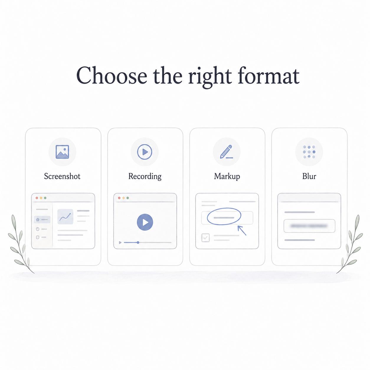 Pick the format based on the job: screenshot, recording, markup, or blur.