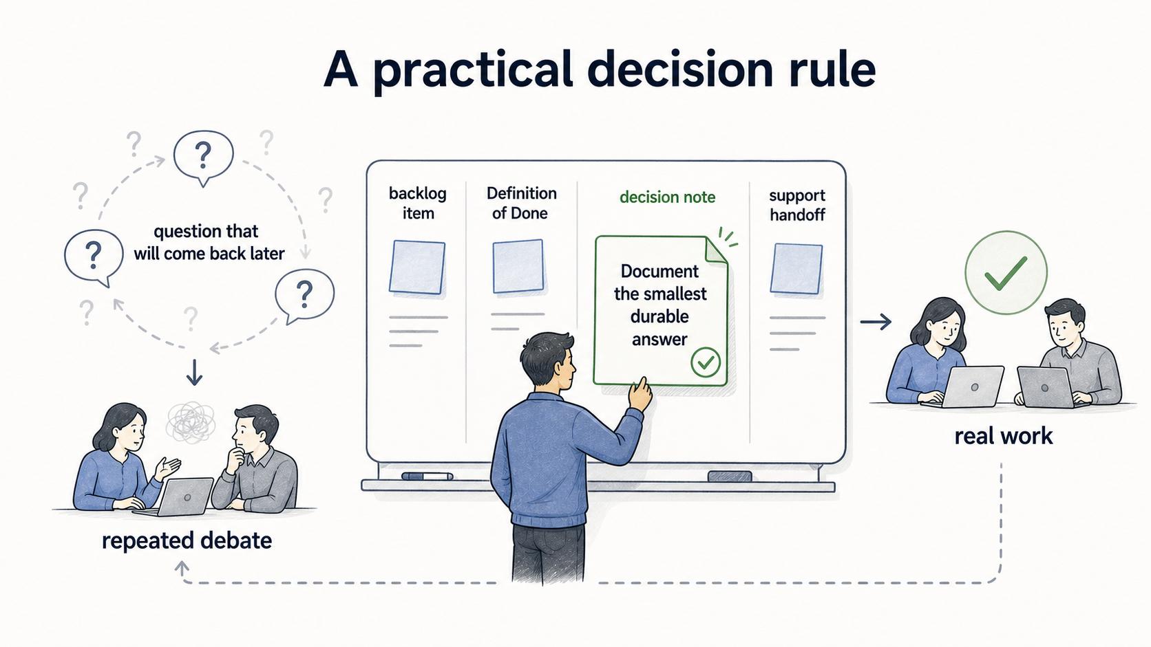 Diagram showing the rule to document the smallest durable answer to the question that will come back later.