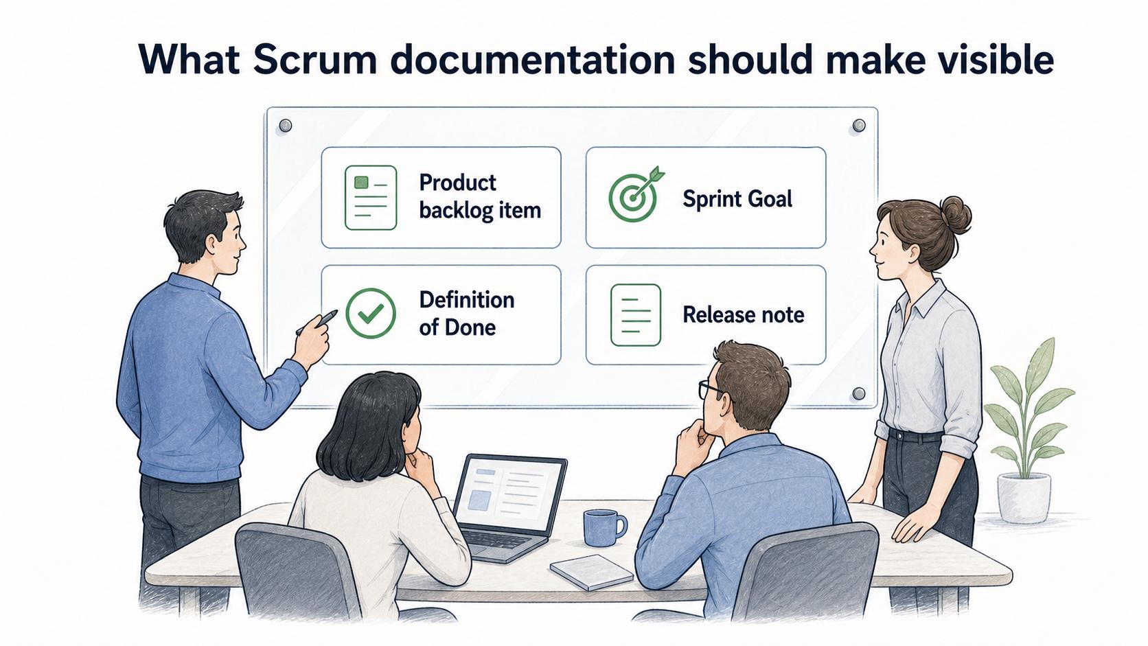 Diagram showing Scrum documentation making work, decisions, quality expectations, and handoffs visible.
