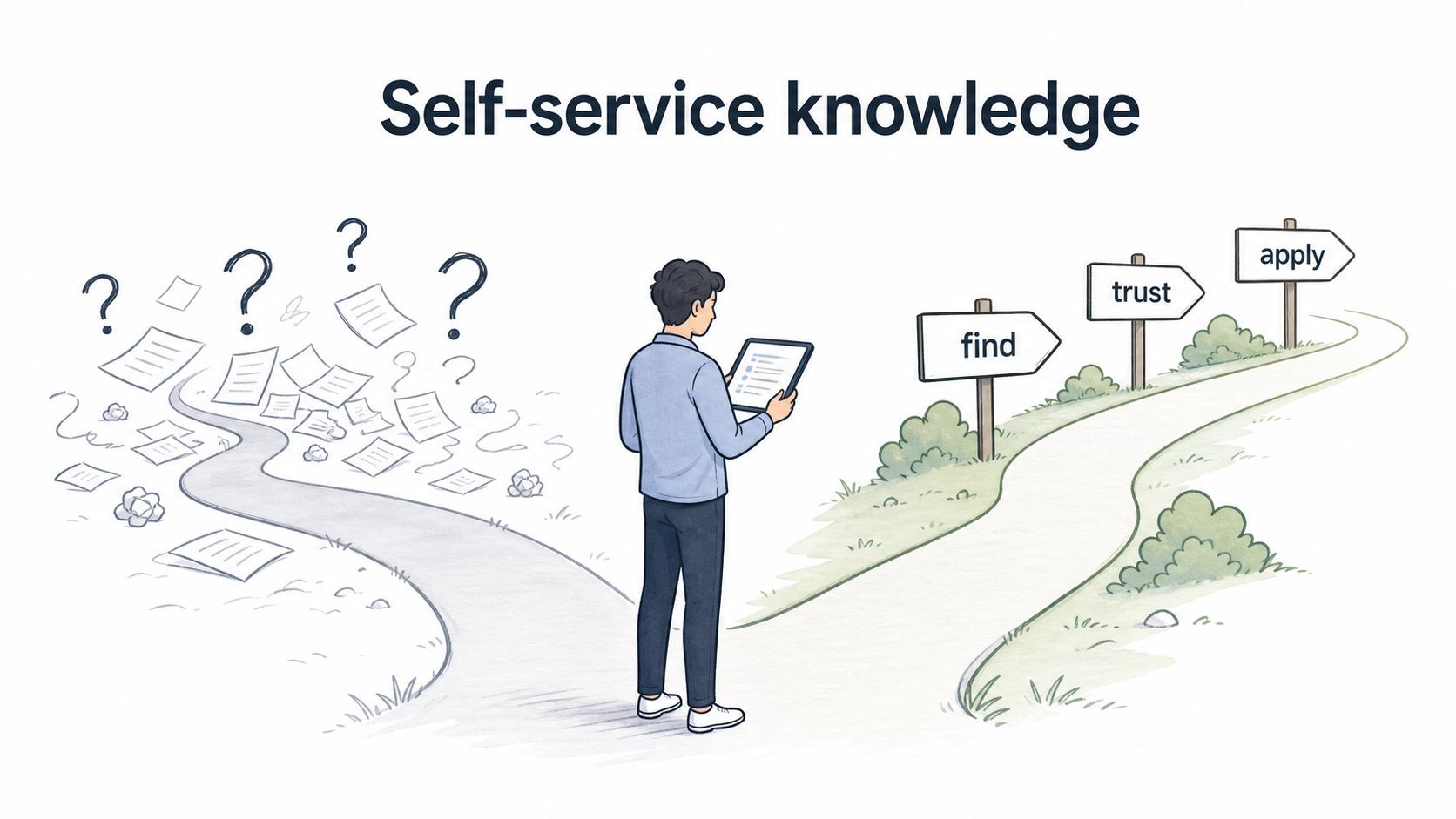 Diagram showing self-service knowledge helping users find, trust, and apply answers.