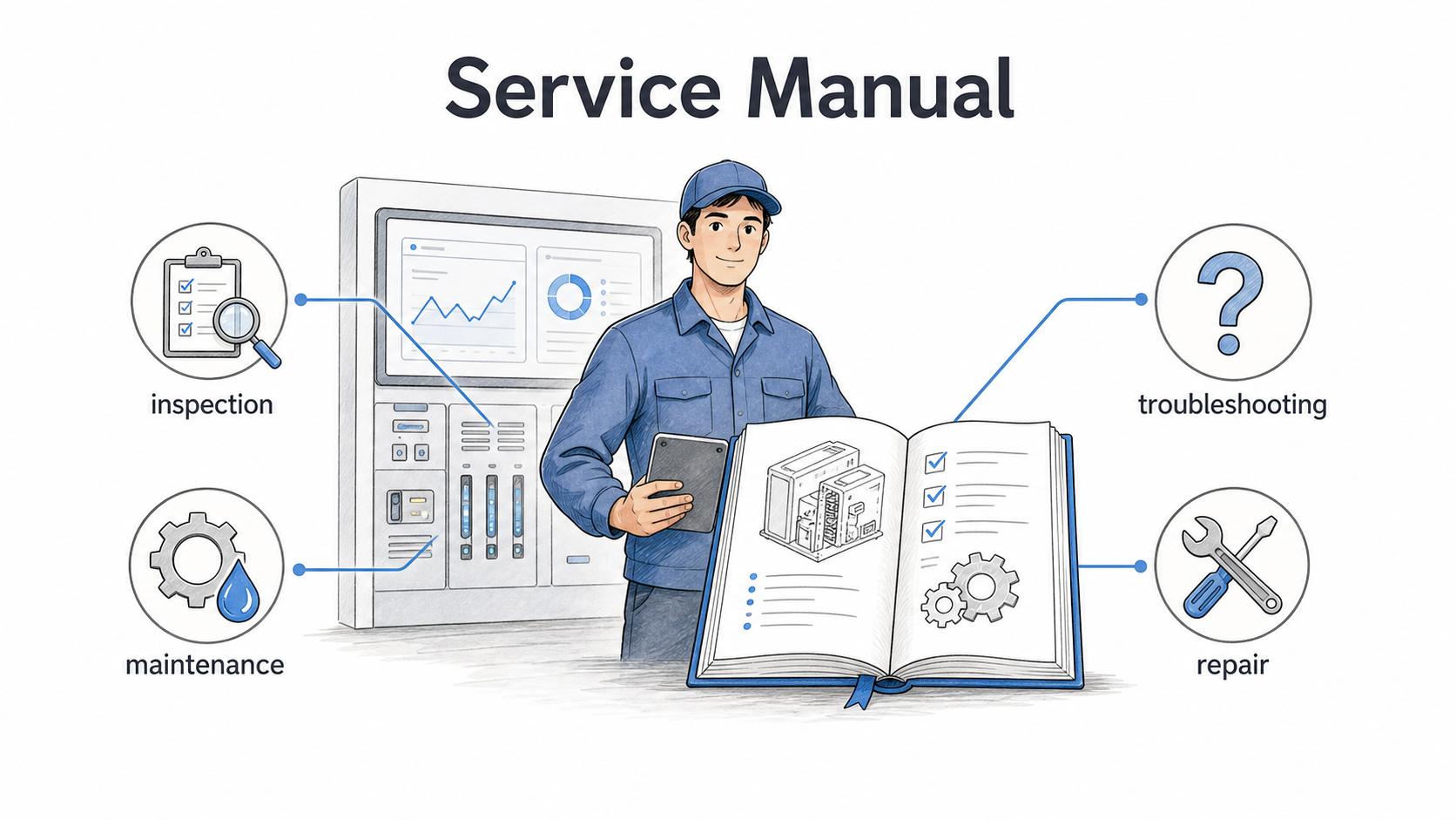 A service manual gives technicians and support teams a reference for diagnostics, maintenance, repair, and service workflows.