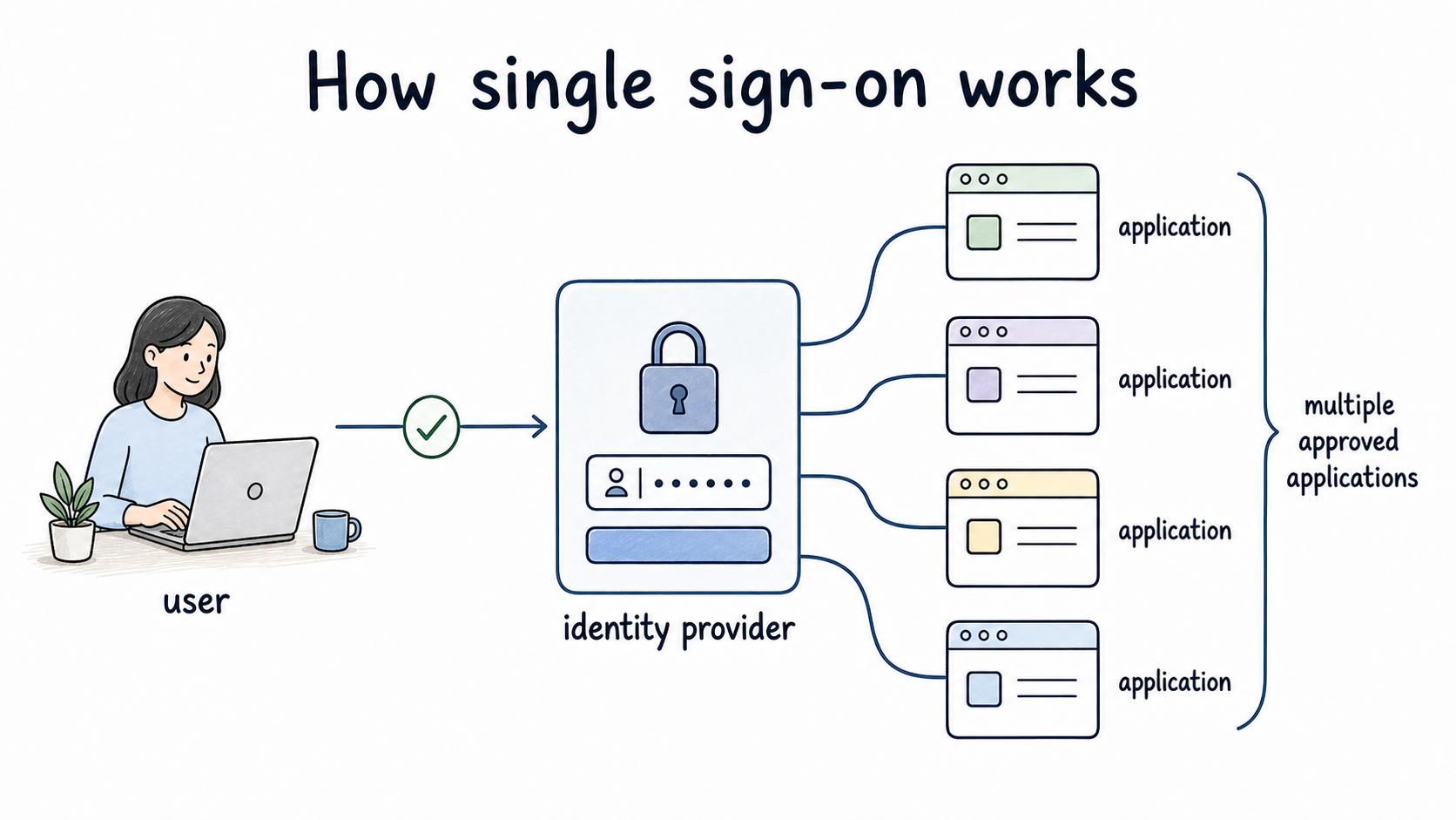 A user signs in once through an identity provider, then gets access to multiple approved applications.