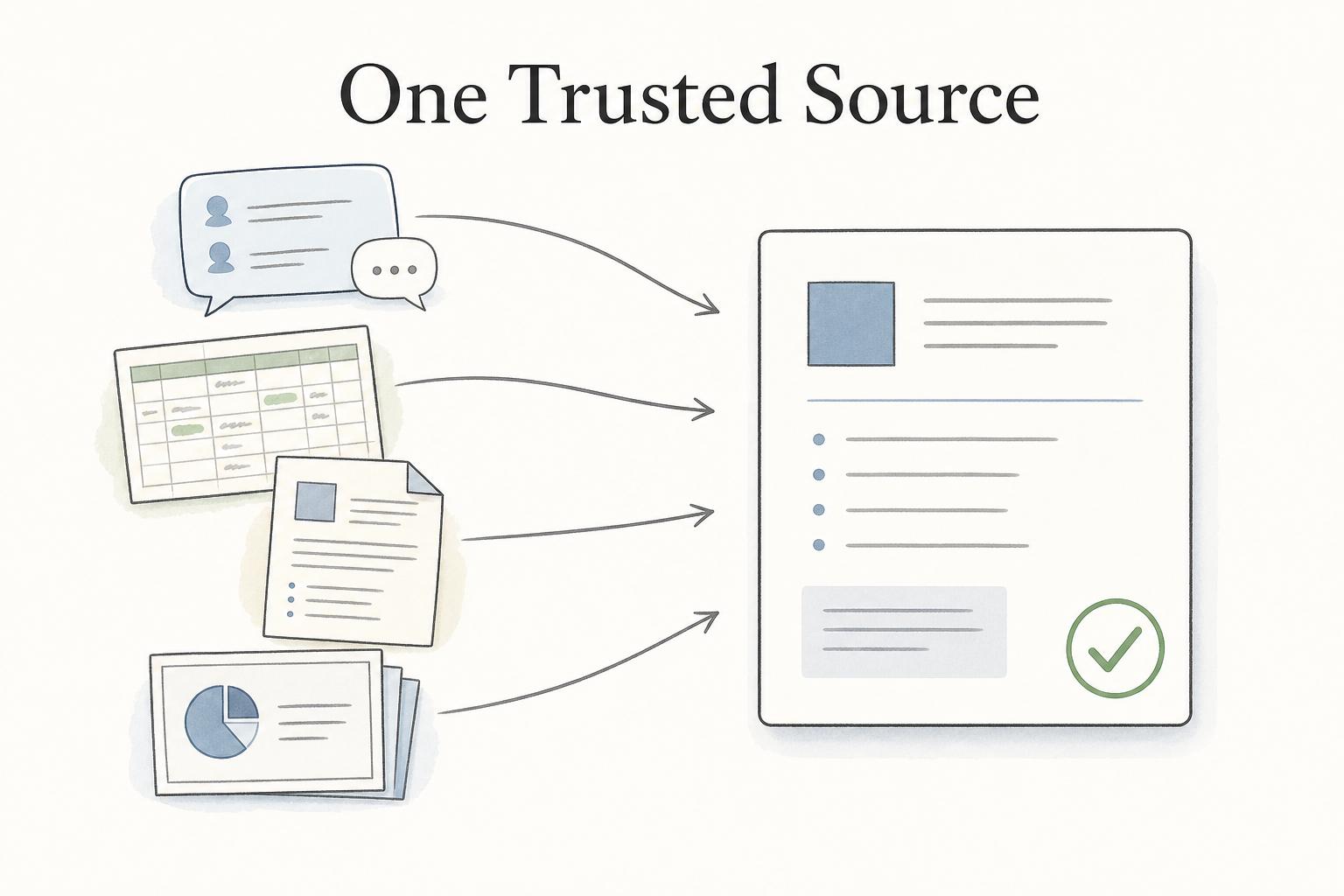 Scattered notes, spreadsheets, and reports become useful when the team agrees on one trusted source.