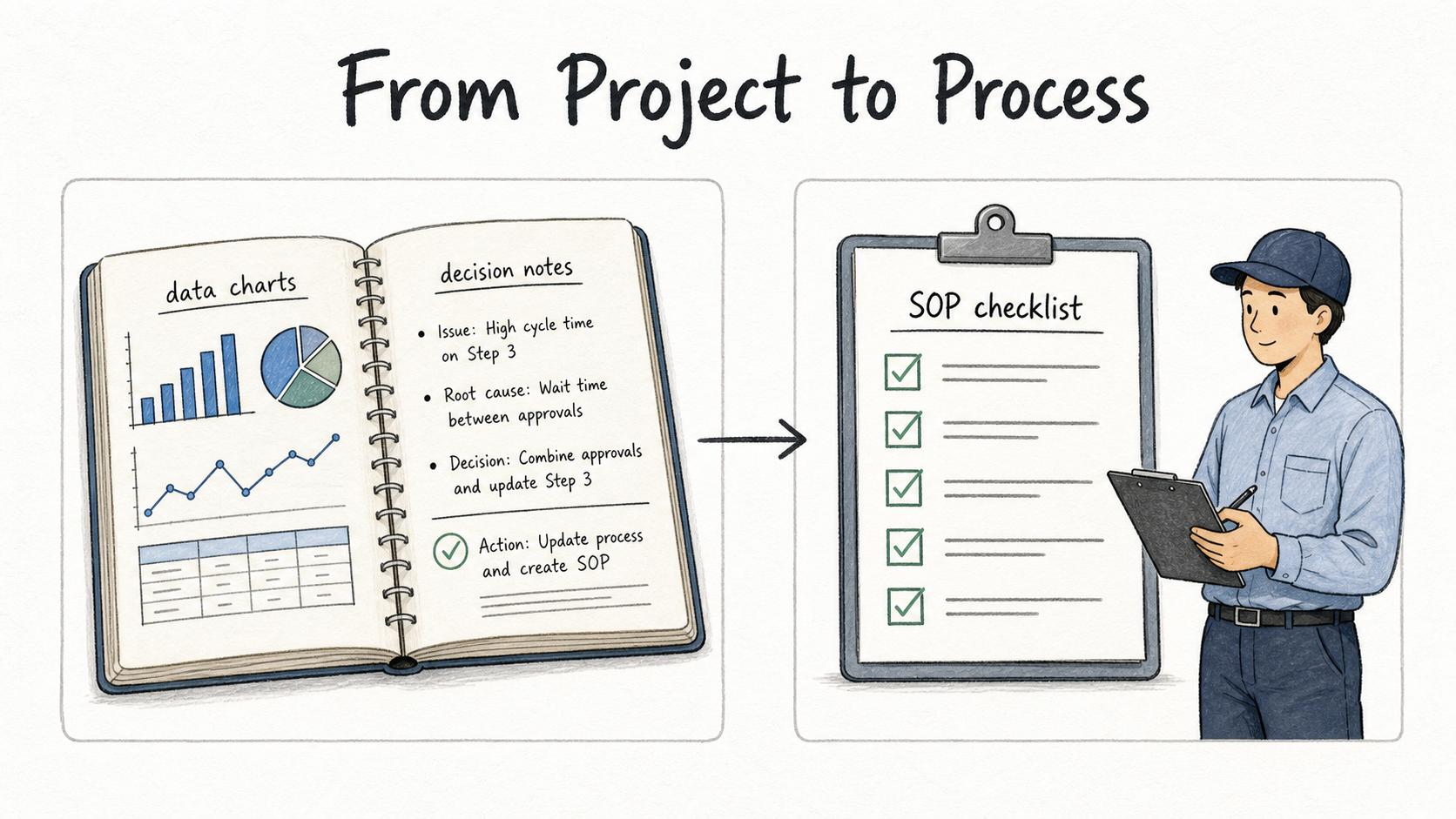 Six Sigma project notes should become an updated SOP checklist so the improved process is clear after the project ends.