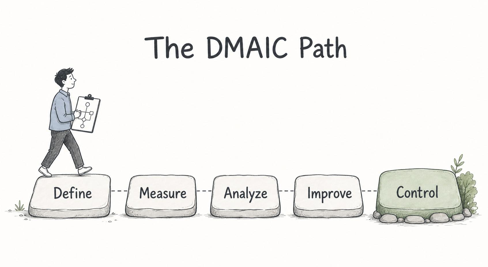 The DMAIC path shows the five phases of a Six Sigma improvement project: define, measure, analyze, improve, and control.