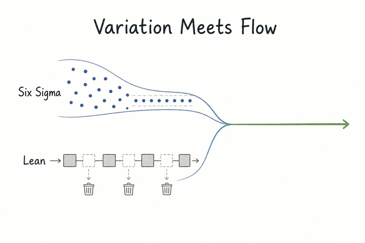 Six Sigma narrows variation so outputs become more consistent. Lean removes wasted steps so work can flow with less friction.