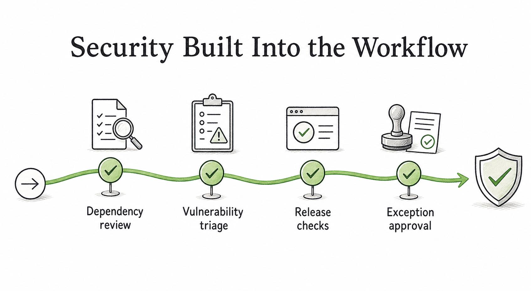 Diagram showing secure development SOPs translating broad security practices into concrete reviews, checks, and approvals.