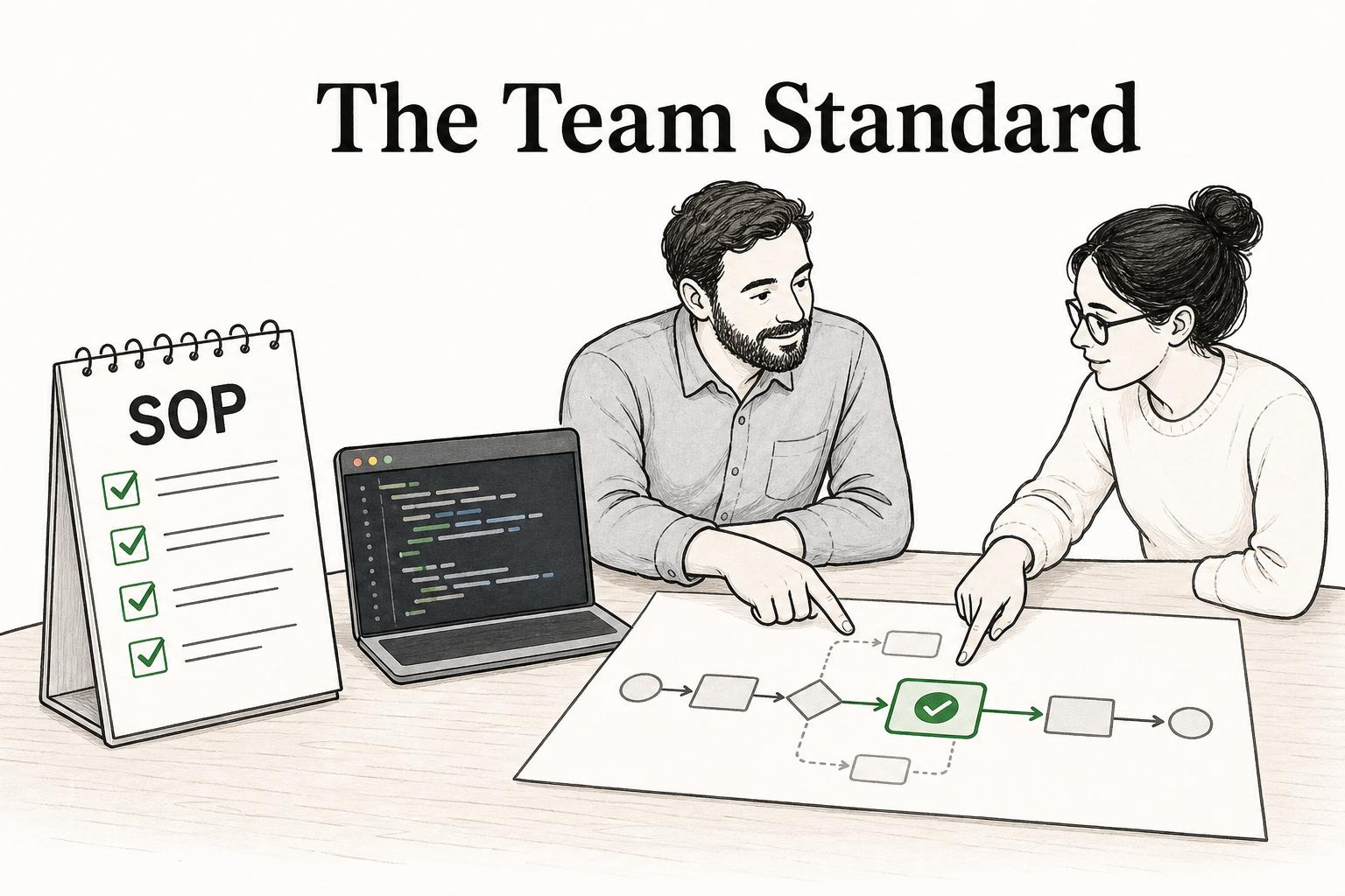 Diagram showing a software development SOP turning repeatable engineering work into a quality, security, and consistency standard.