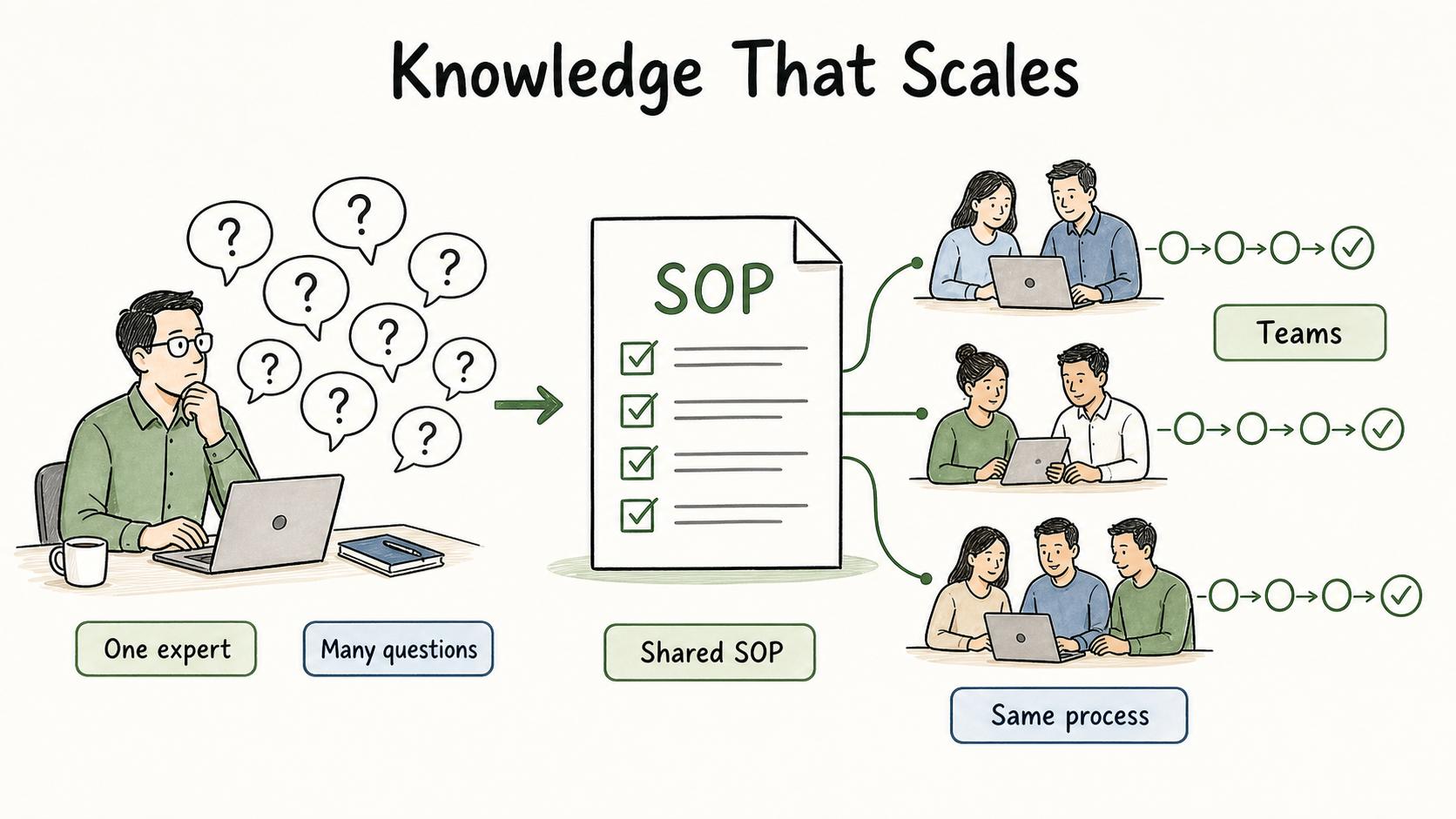 Diagram showing business SOP benefits such as consistency, training, handoffs, audits, and knowledge retention.