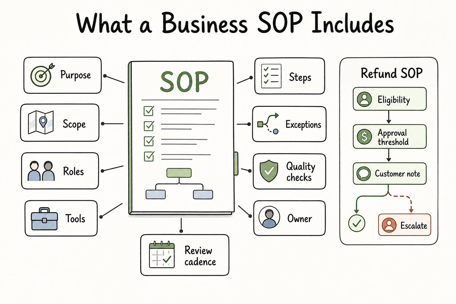 Diagram showing common business SOP components including purpose, scope, roles, steps, exceptions, and review cadence.
