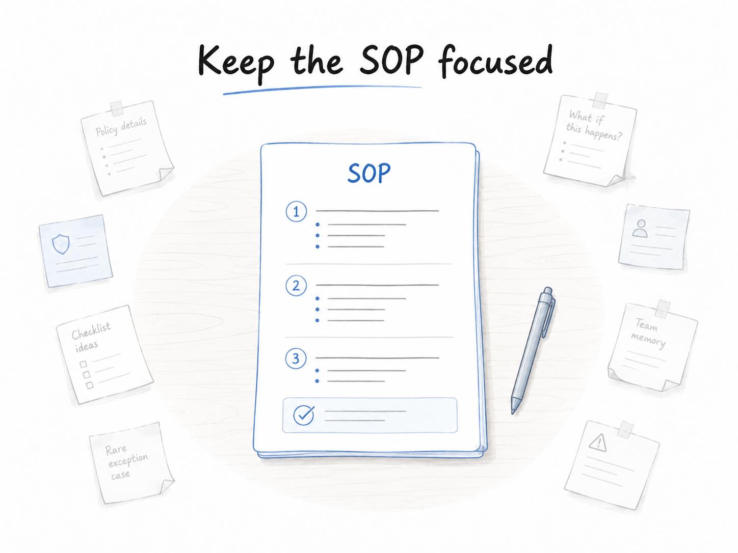Diagram showing a focused SOP keeping related policy details, checklist ideas, and rare exceptions from crowding the procedure.
