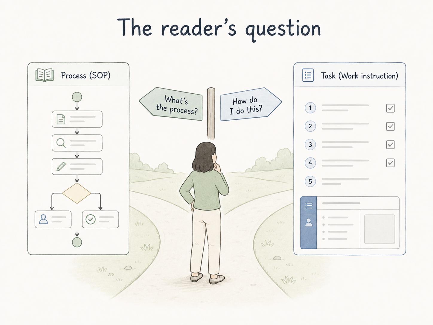 Diagram showing that the choice between an SOP and a work instruction depends on the question the reader needs answered.