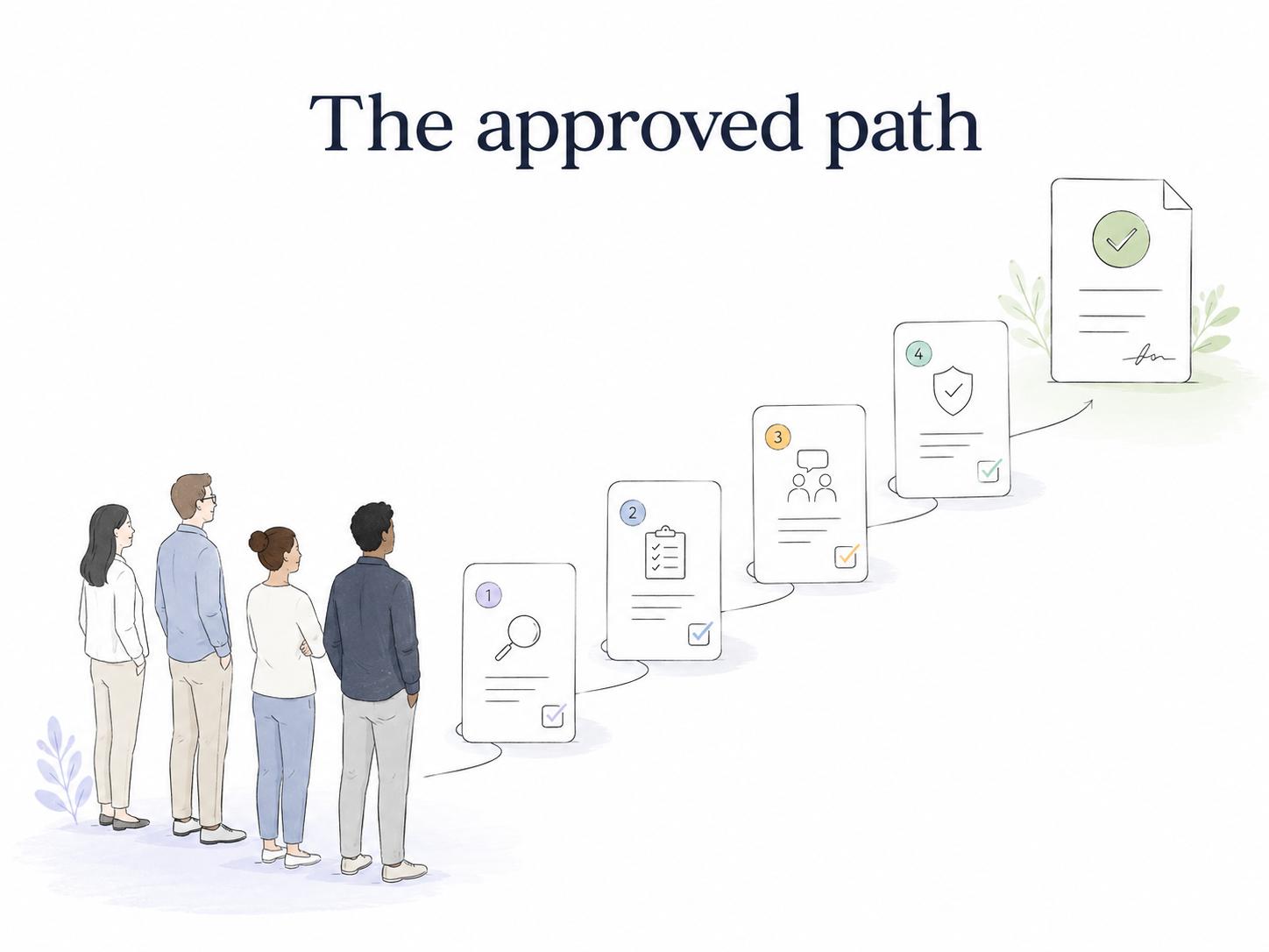 Diagram showing an SOP giving a team one approved path to follow so recurring work does not depend on memory or guesswork.