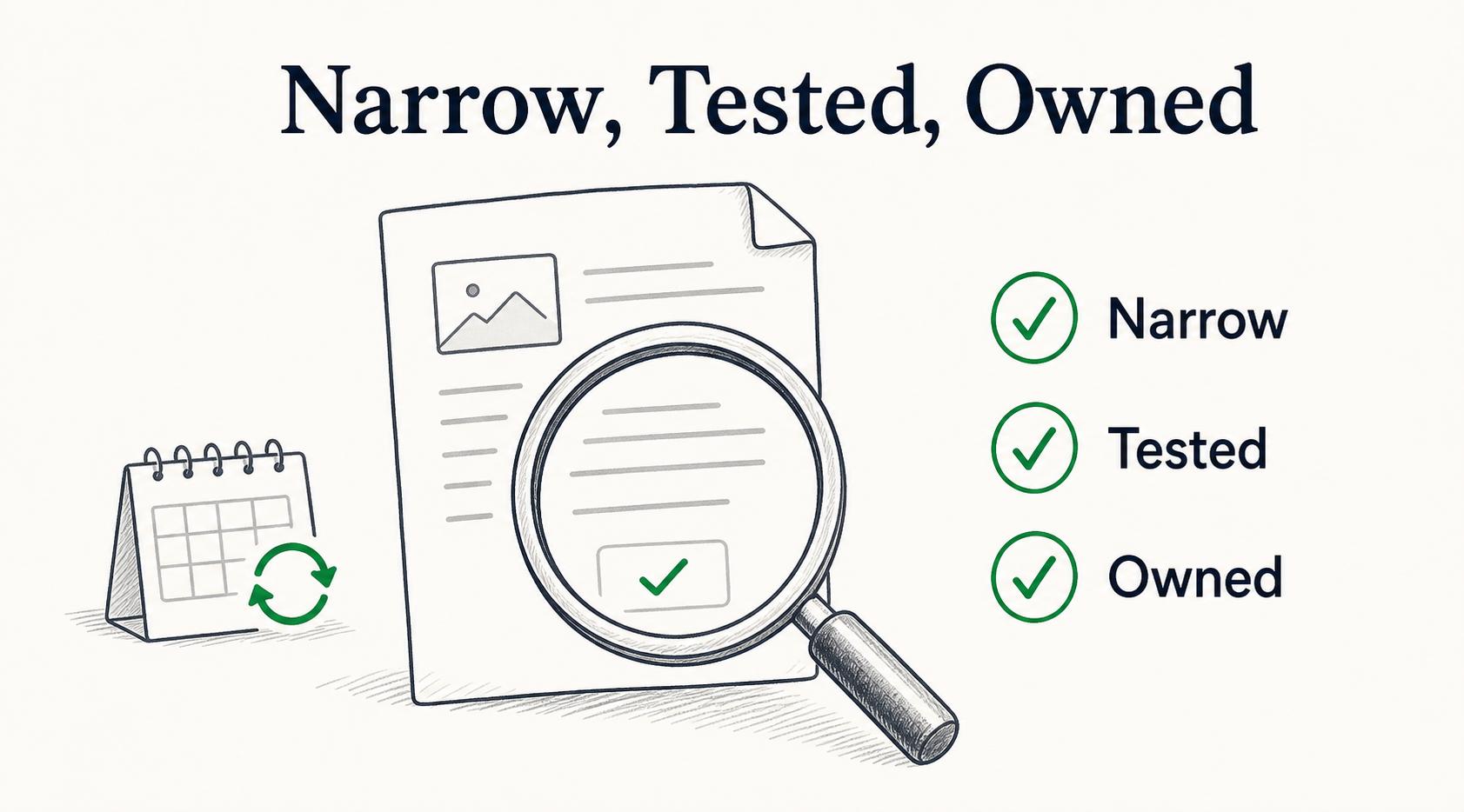 Illustration showing a narrow, tested, and owned guide that helps a reader complete one real task.