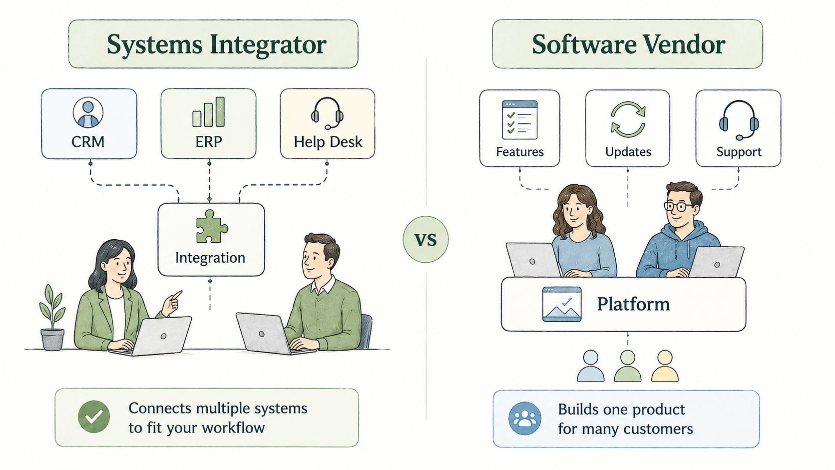 Diagram comparing a software vendor that provides product capability with a systems integrator that delivers connected outcomes across data, users, permissions, workflows, and support paths.