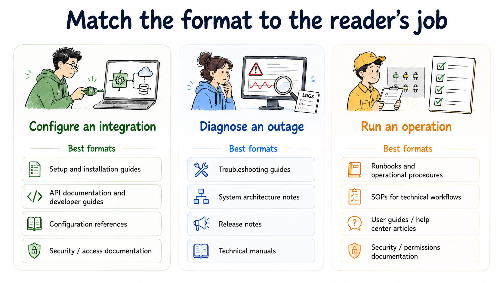 Diagram showing common technical documentation formats including setup guides, API docs, troubleshooting guides, runbooks, release notes, and configuration references.