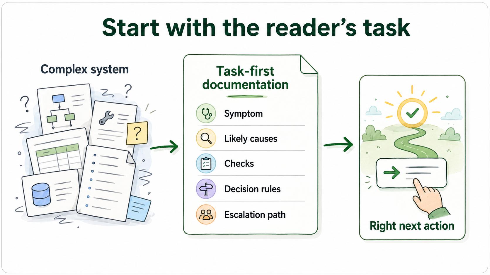 Diagram showing task-first technical writing that starts with reader goals and cuts unnecessary expert detail.
