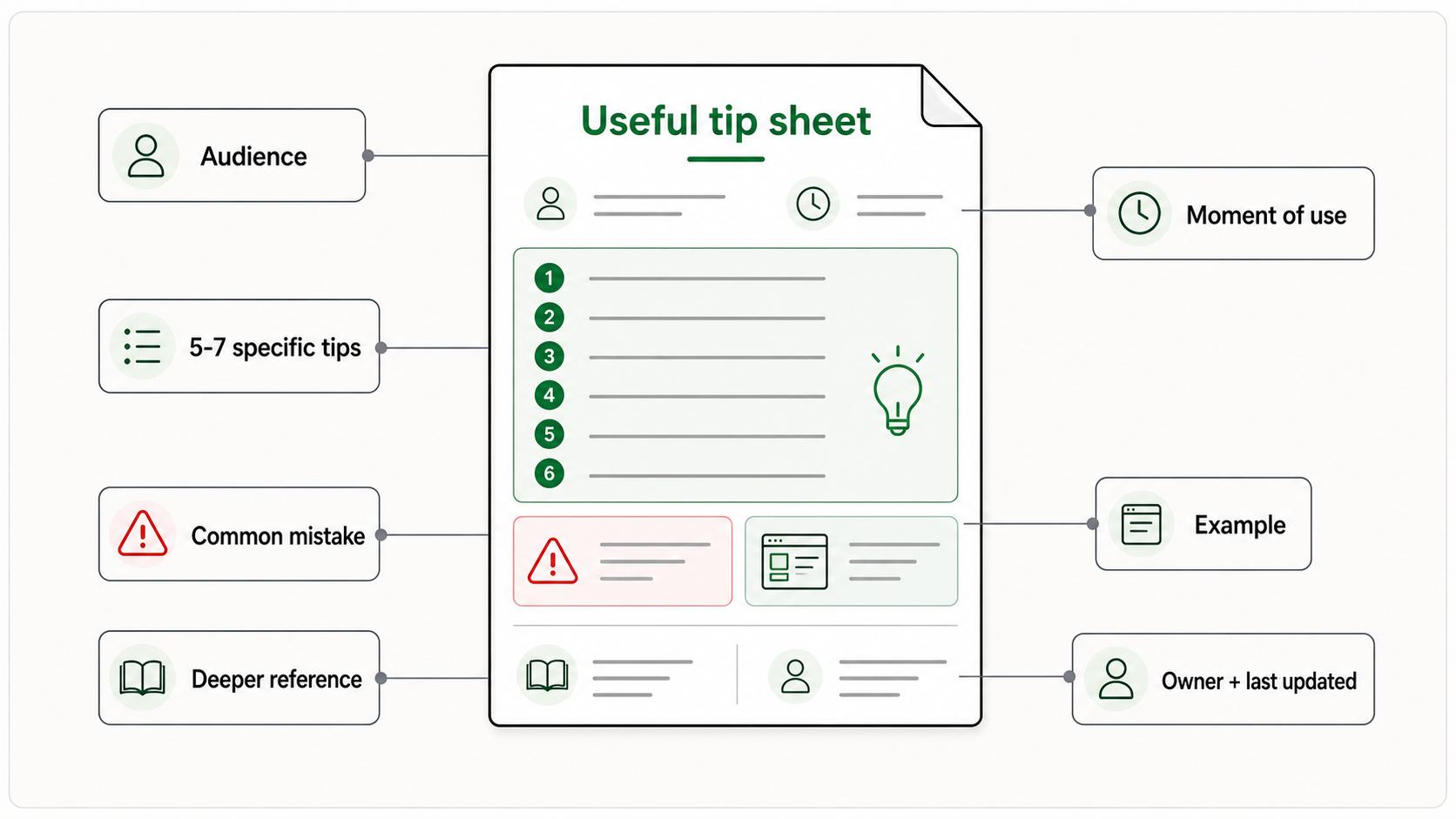 Tip sheet content checklist showing audience, moment of use, high-value tips, common mistakes, examples, and source documentation.