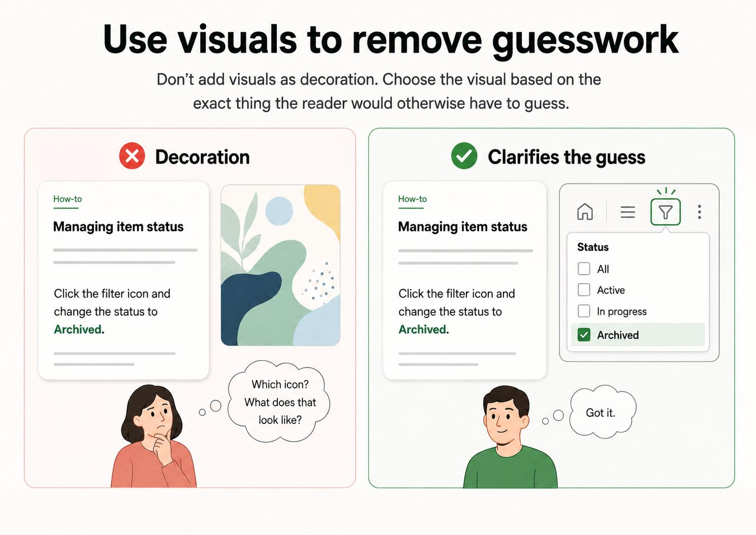 Visual work instruction example showing how useful visuals remove guesswork instead of decorating a guide.