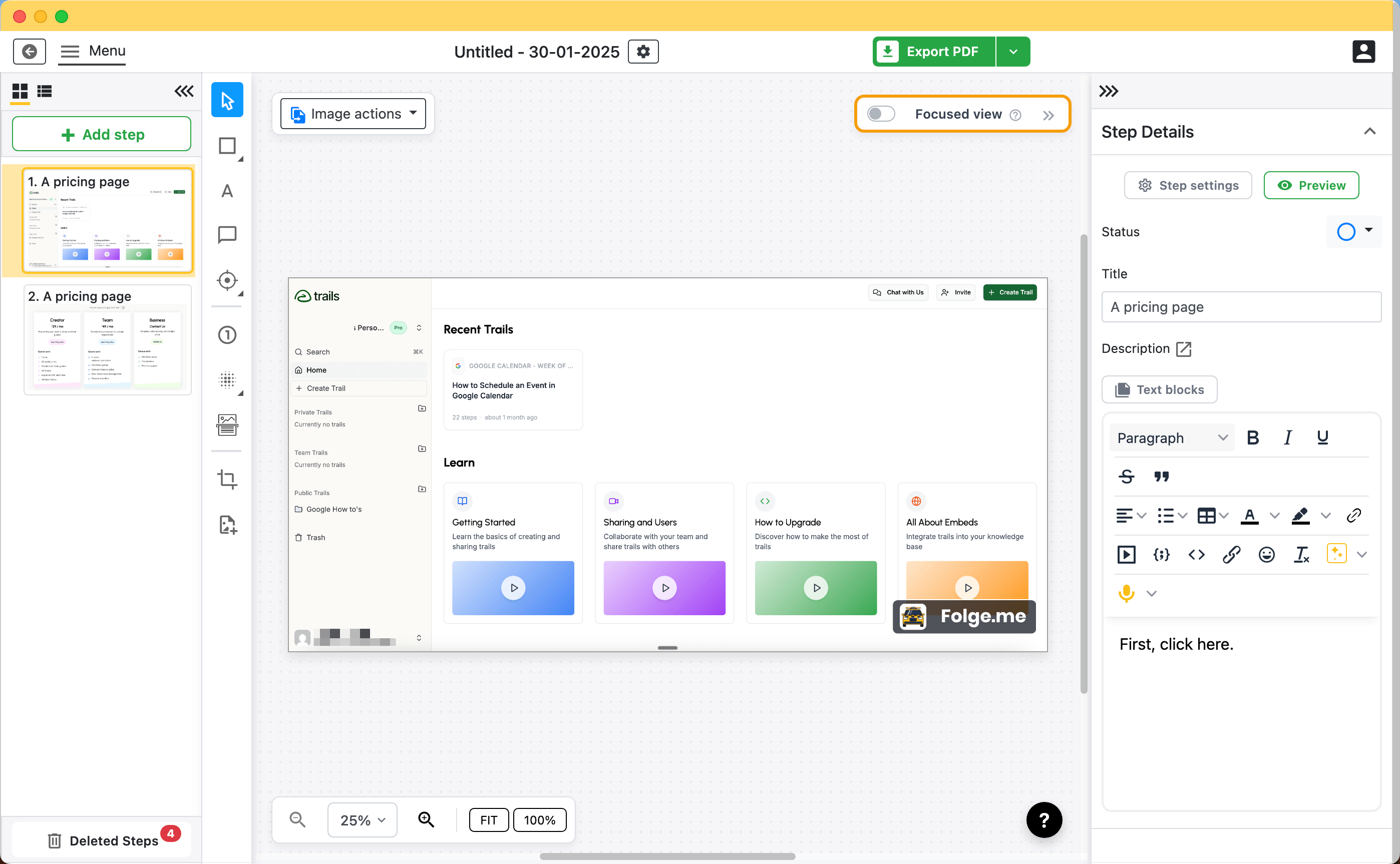 Folge's editor shows offline screenshot capture, annotations, and step-by-step guide editing.