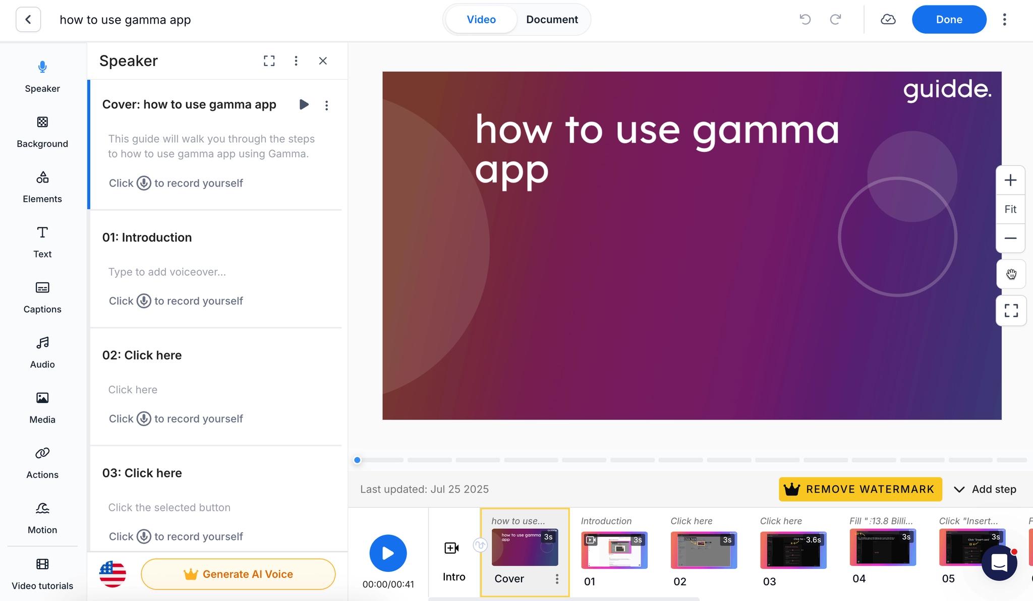 Guidde's editor is built around video documentation, narration, and visual polish.