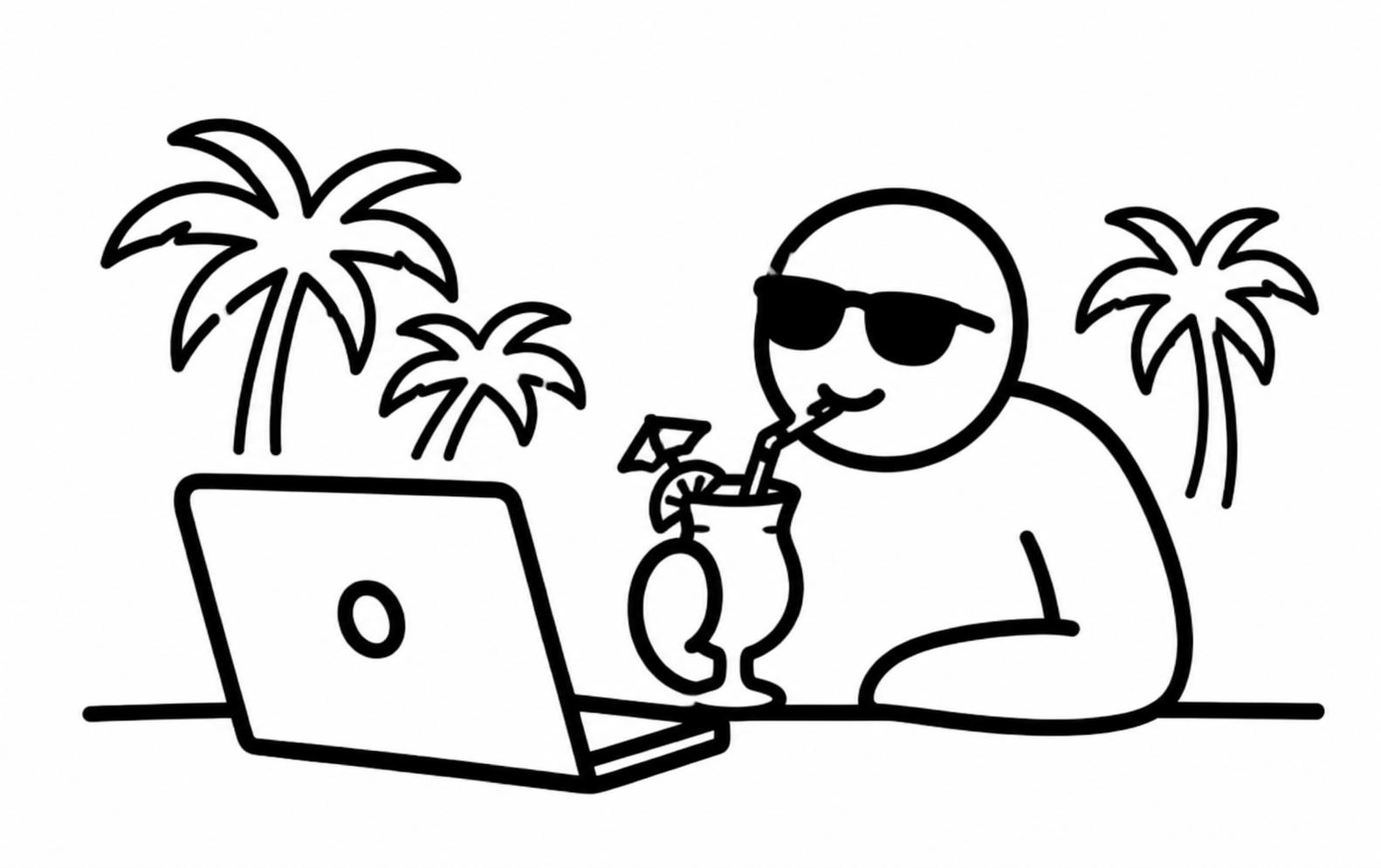 A relaxed person working on a laptop beside palm trees.