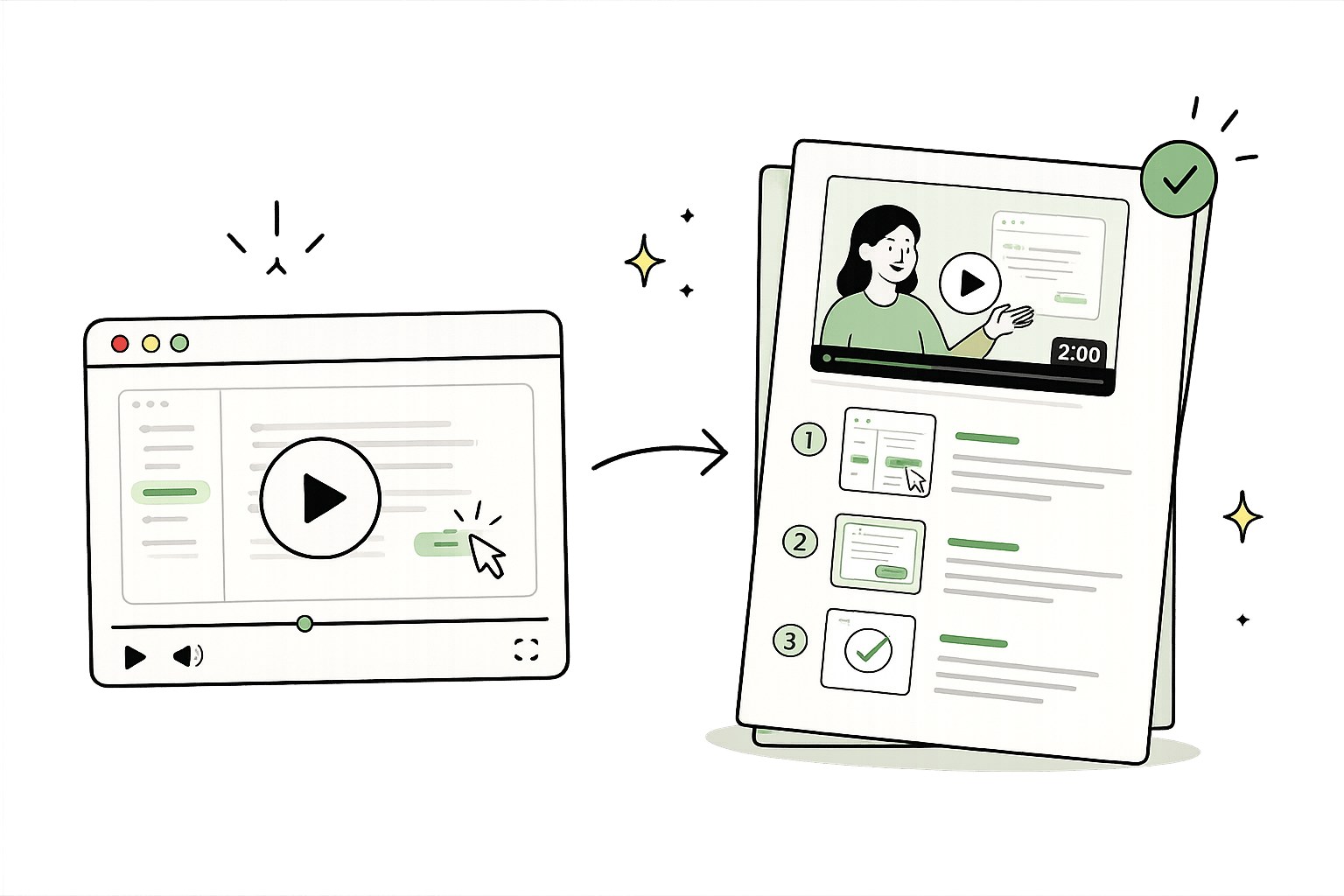 An illustration of a process video becoming a step-by-step SOP.