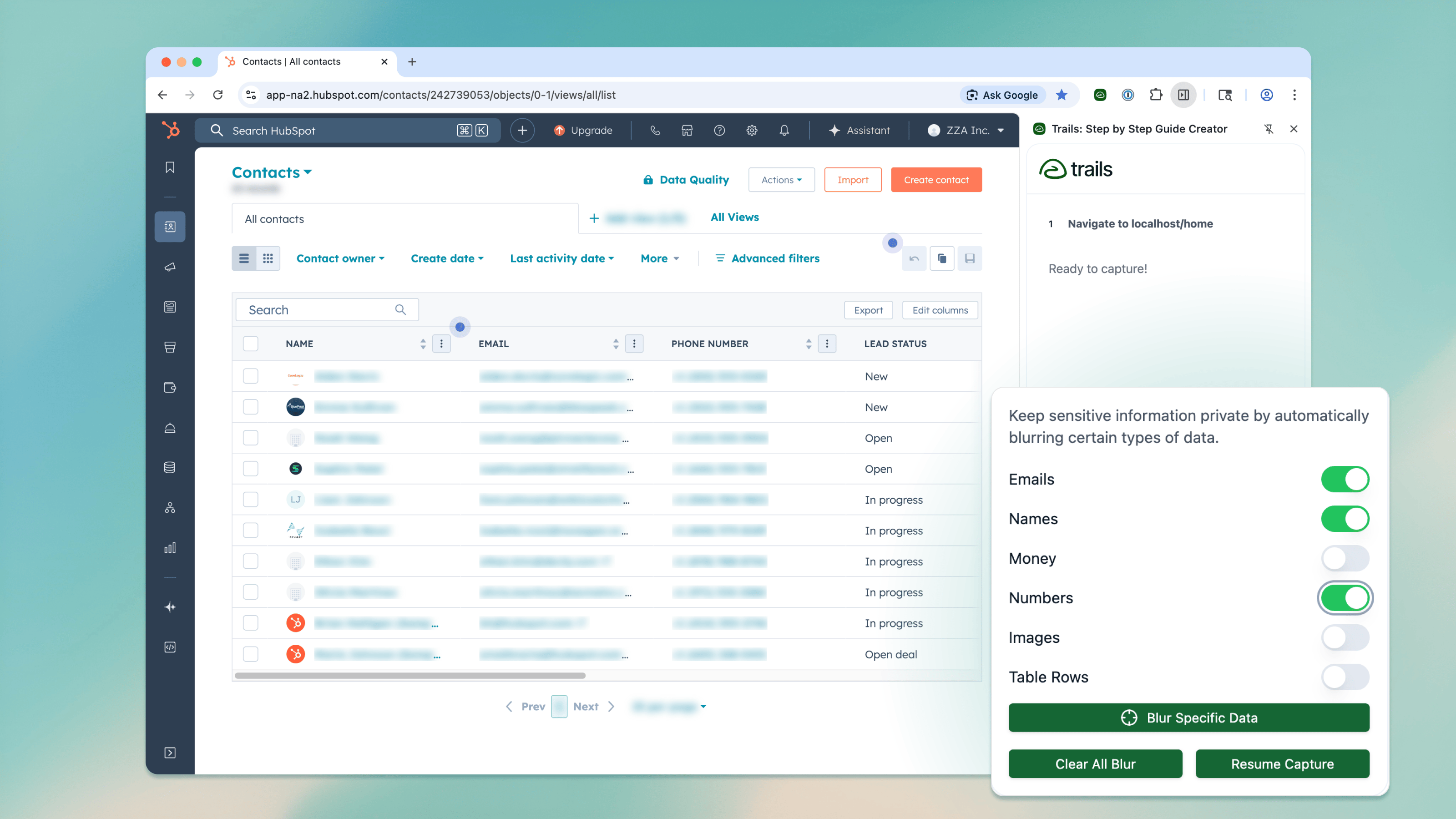Trails browser extension automatically blurring sensitive contact details before capture