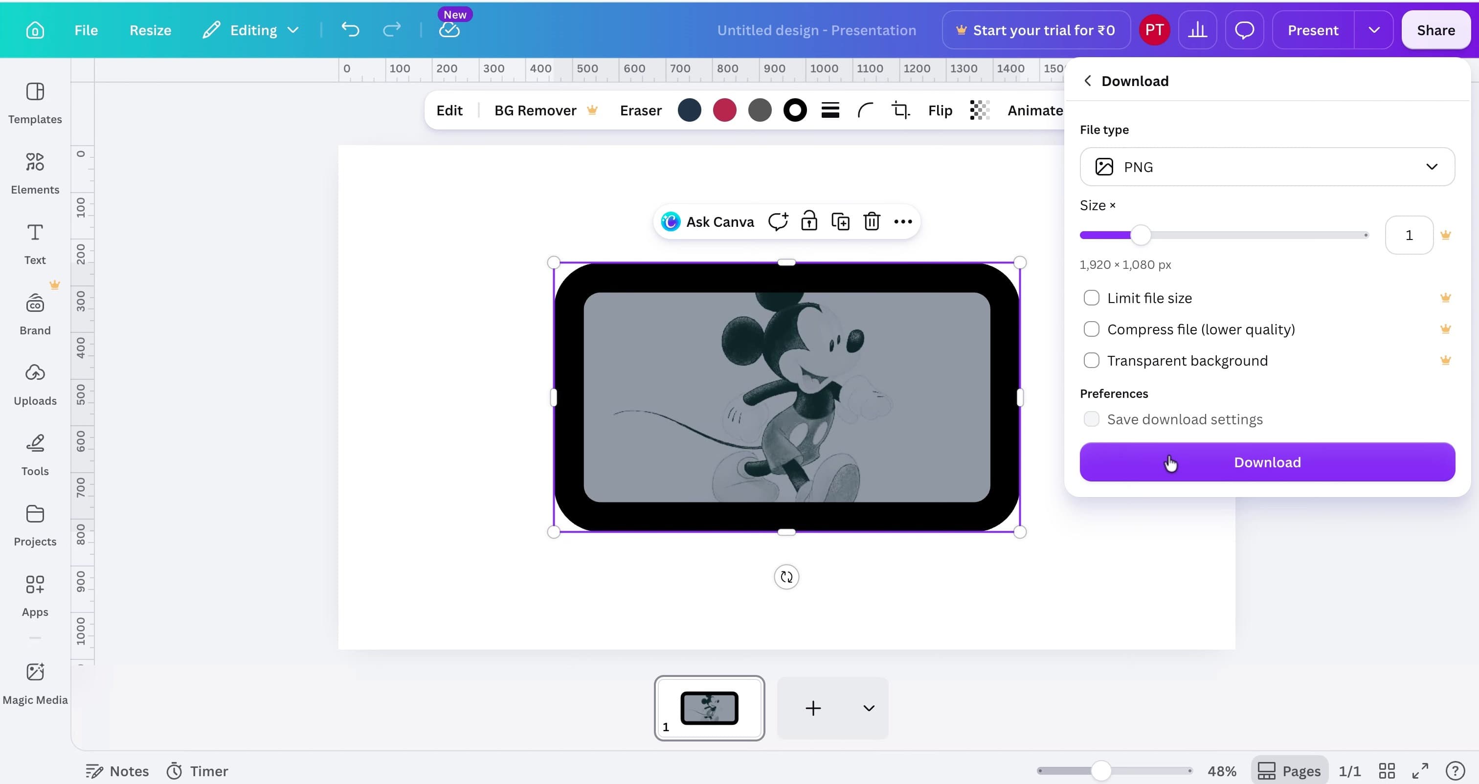 Canva editor showing a rounded image with a black border and PNG download settings.