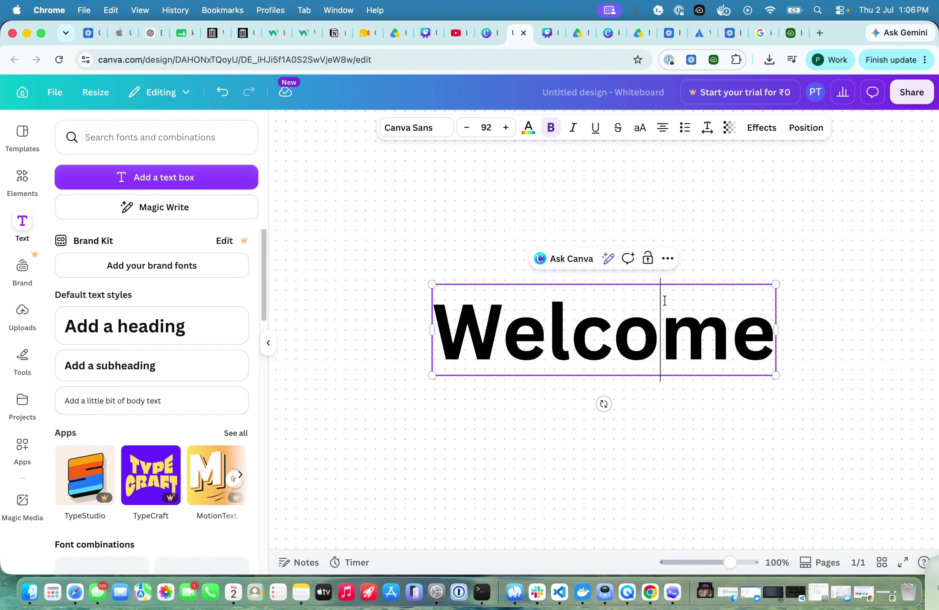 Canva editor with the Text panel open and a large Welcome heading selected.