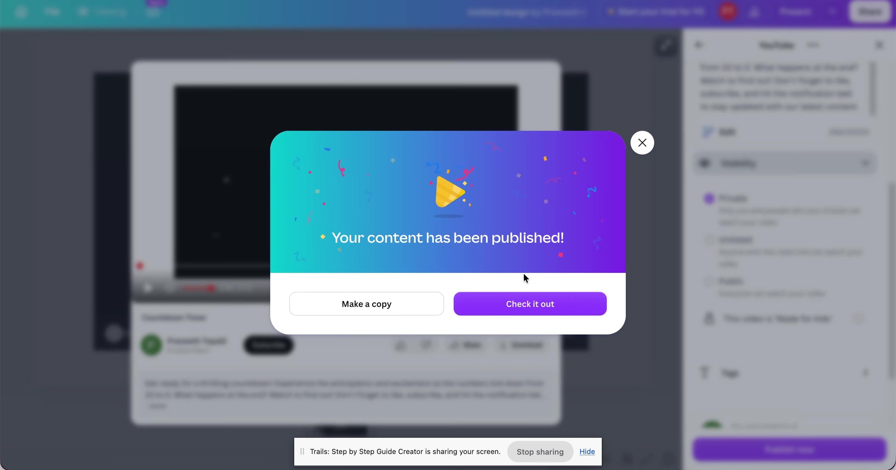 Canva publish confirmation dialog with Make a copy and Check it out buttons.