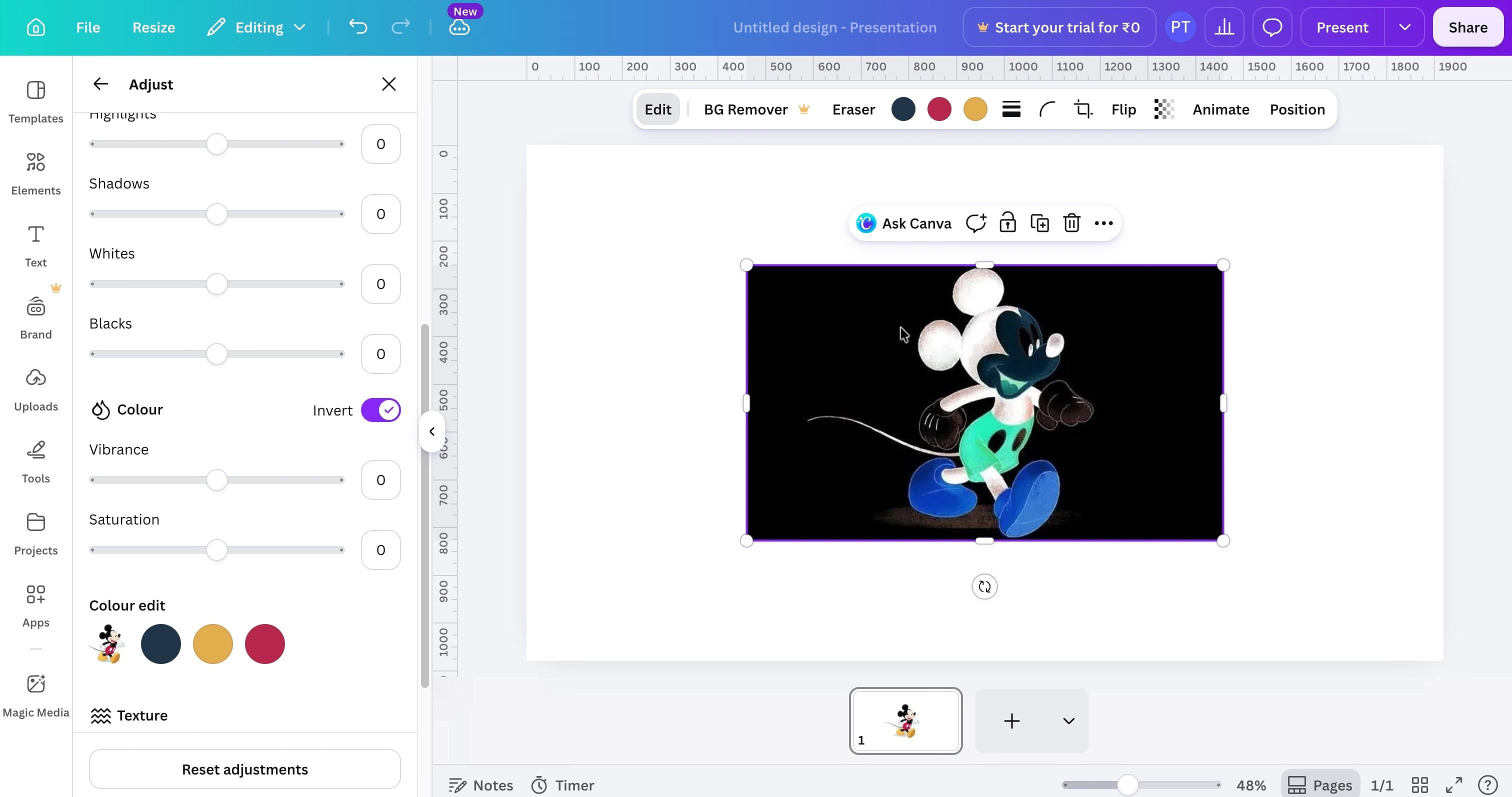 Canva editor showing an inverted-color image with the Adjust panel open.
