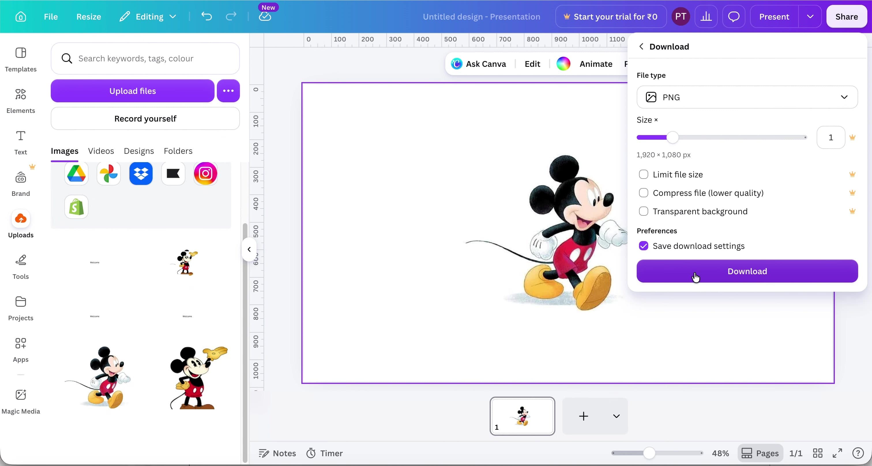 Canva editor showing a presentation image beside PNG download settings.
