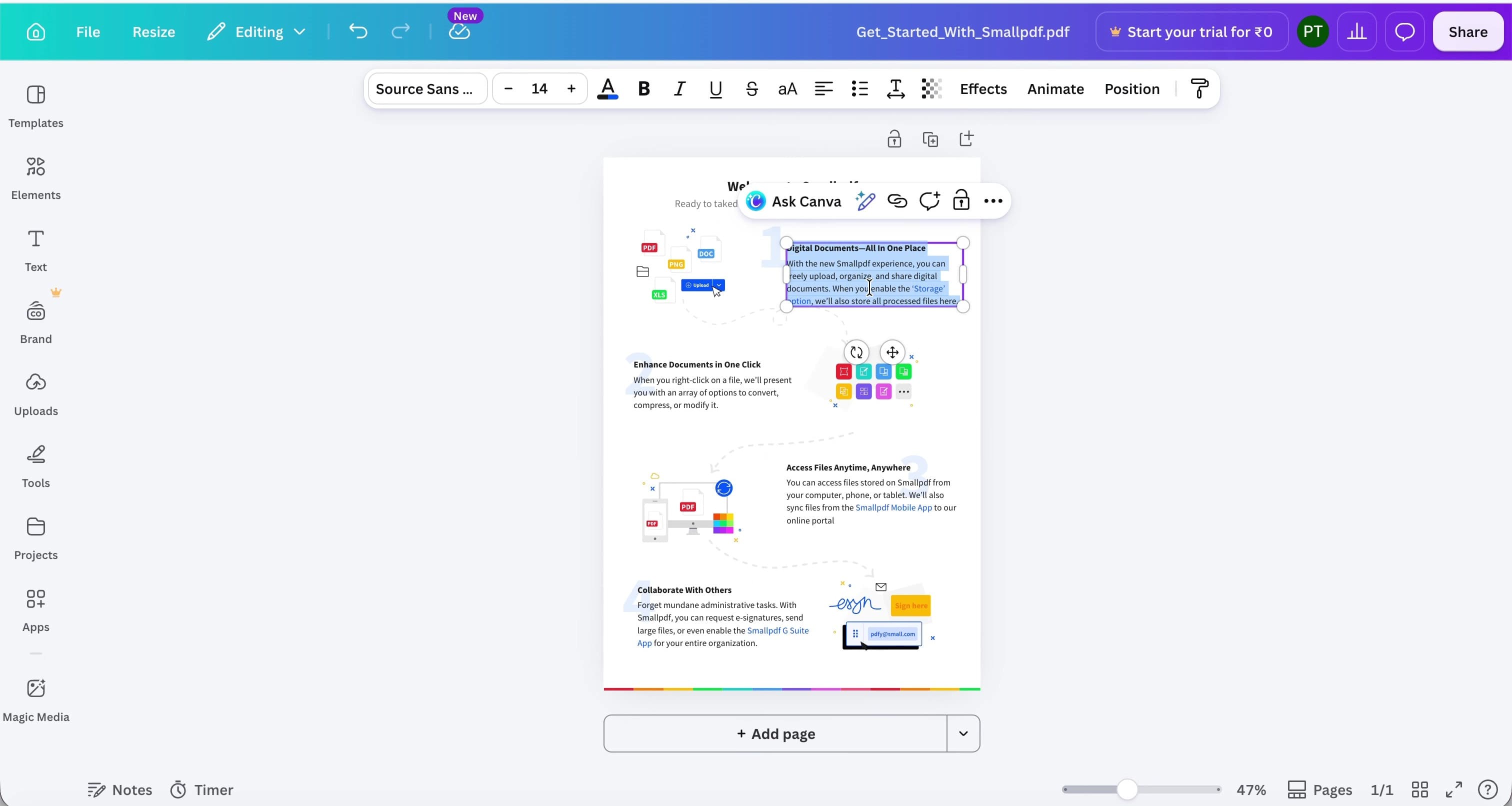 Canva editor showing an imported PDF page with a text block selected.