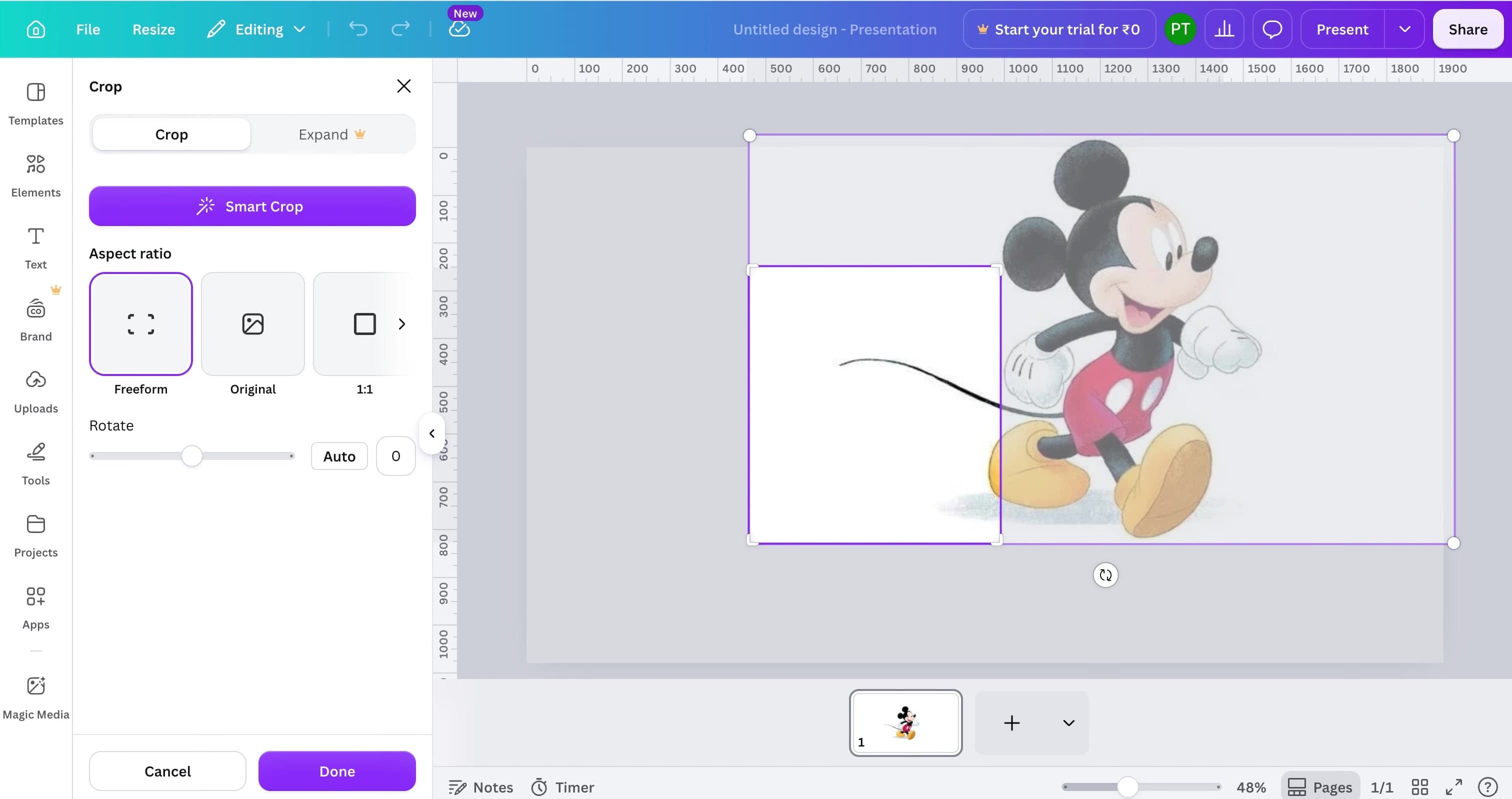 Canva editor showing an image in freeform crop mode with a side handle selected.