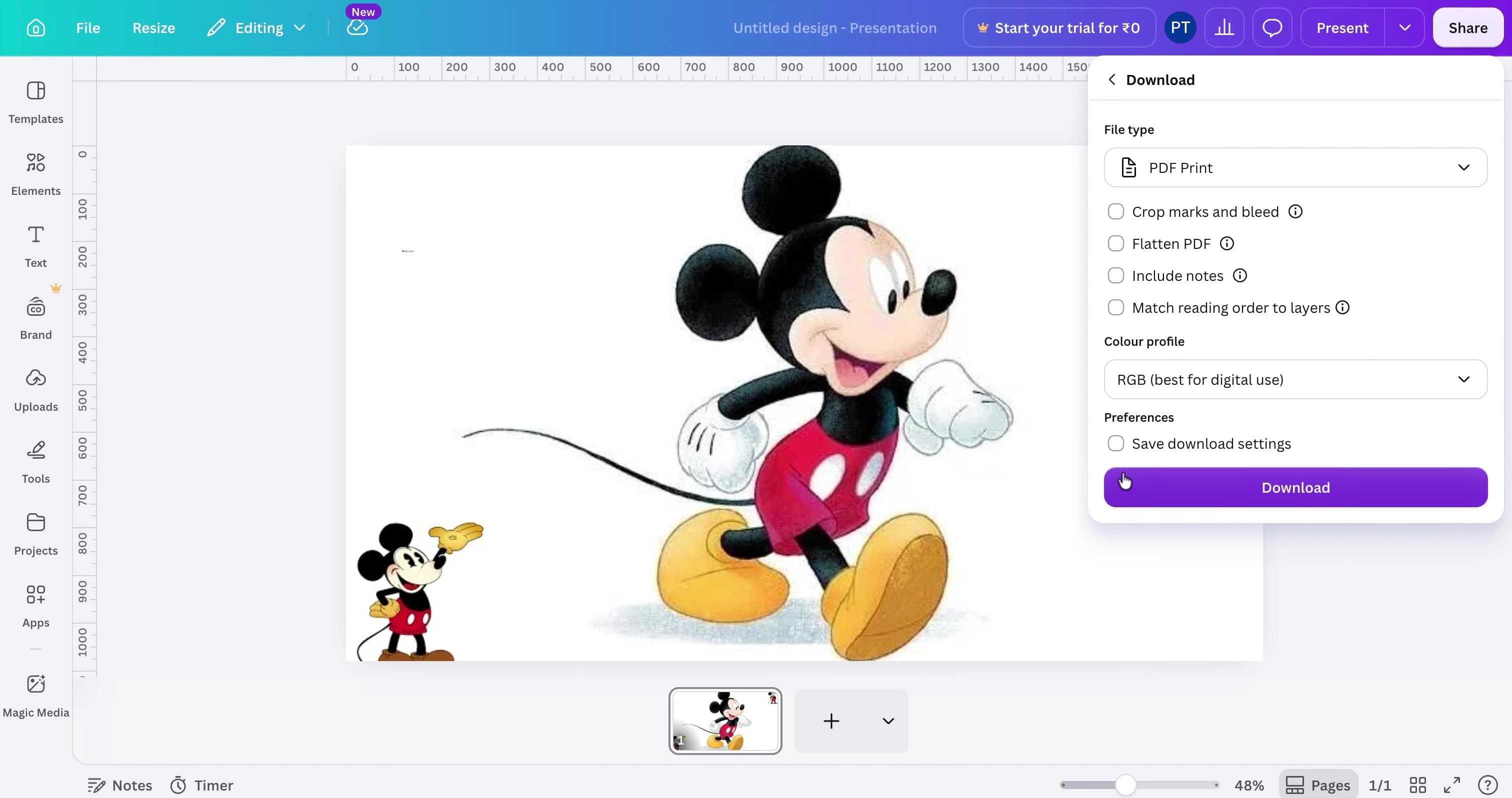 Canva editor showing a design beside PDF Print download settings.