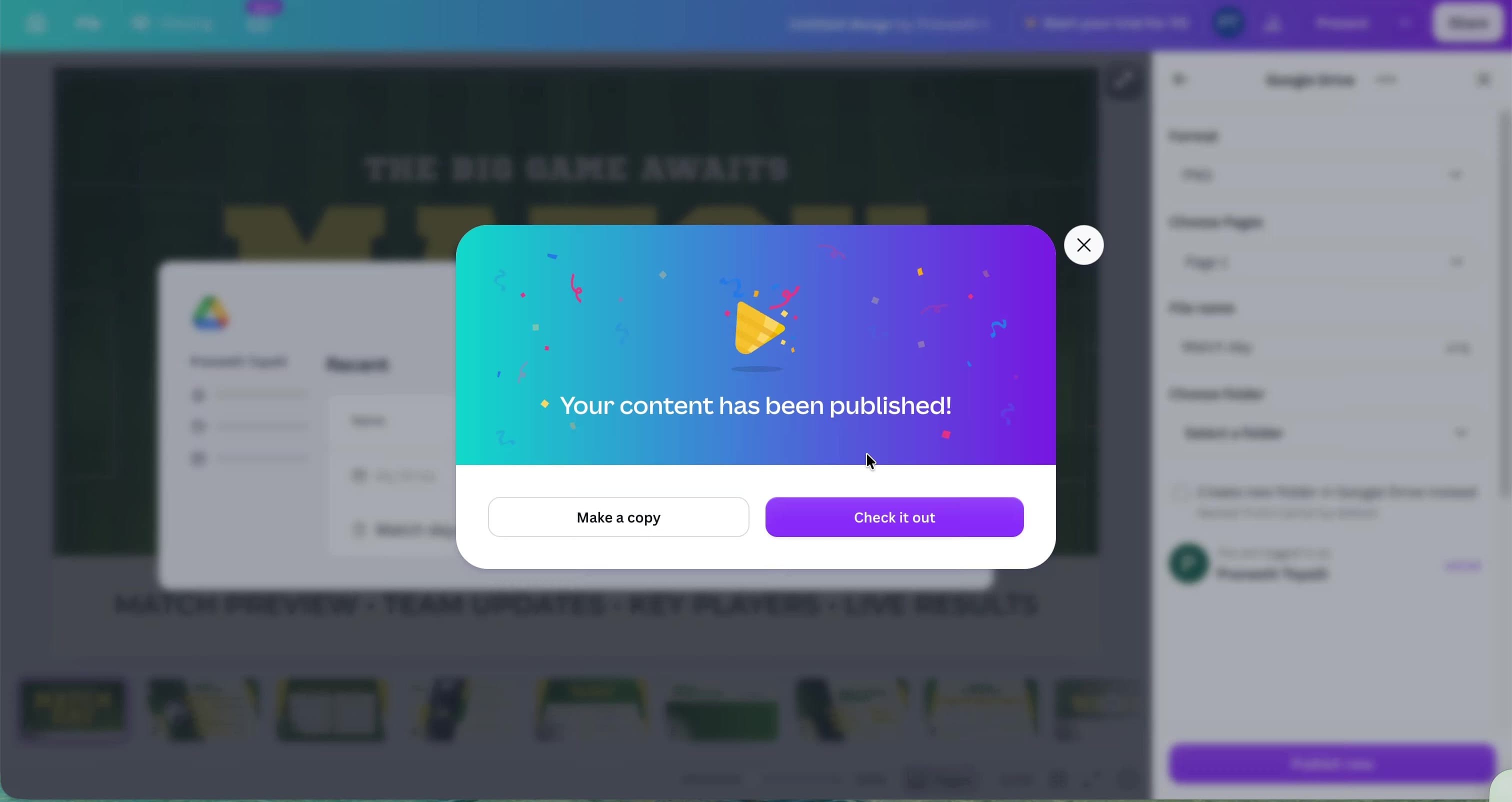 Canva publish confirmation dialog with Make a copy and Check it out buttons.