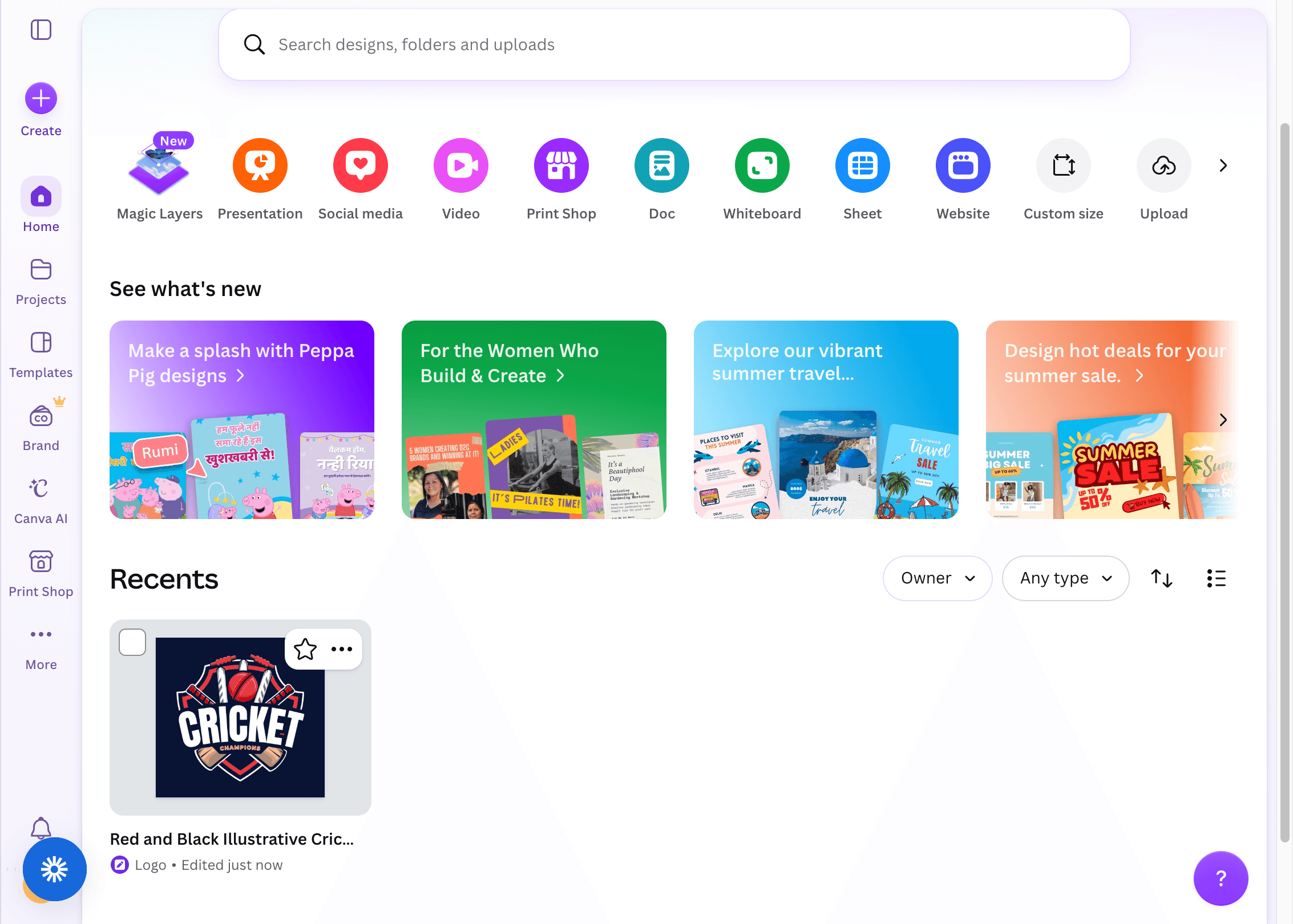 Canva dashboard showing design templates and recent designs.