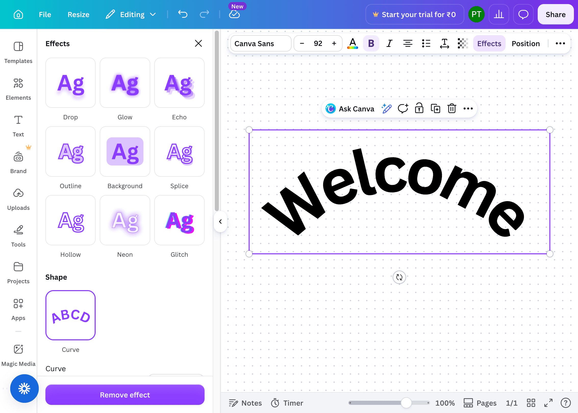 Canva editor showing curved Welcome text with the Curve text effect selected.