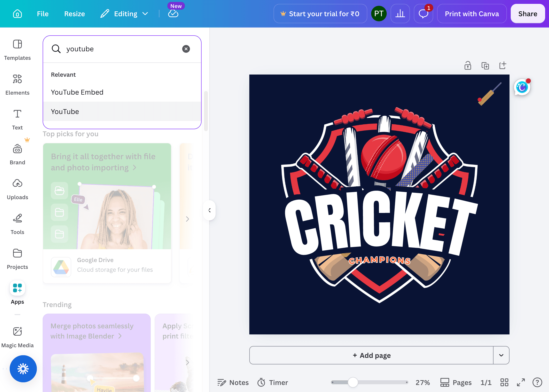 Canva editor with the Apps panel open and YouTube search results visible.