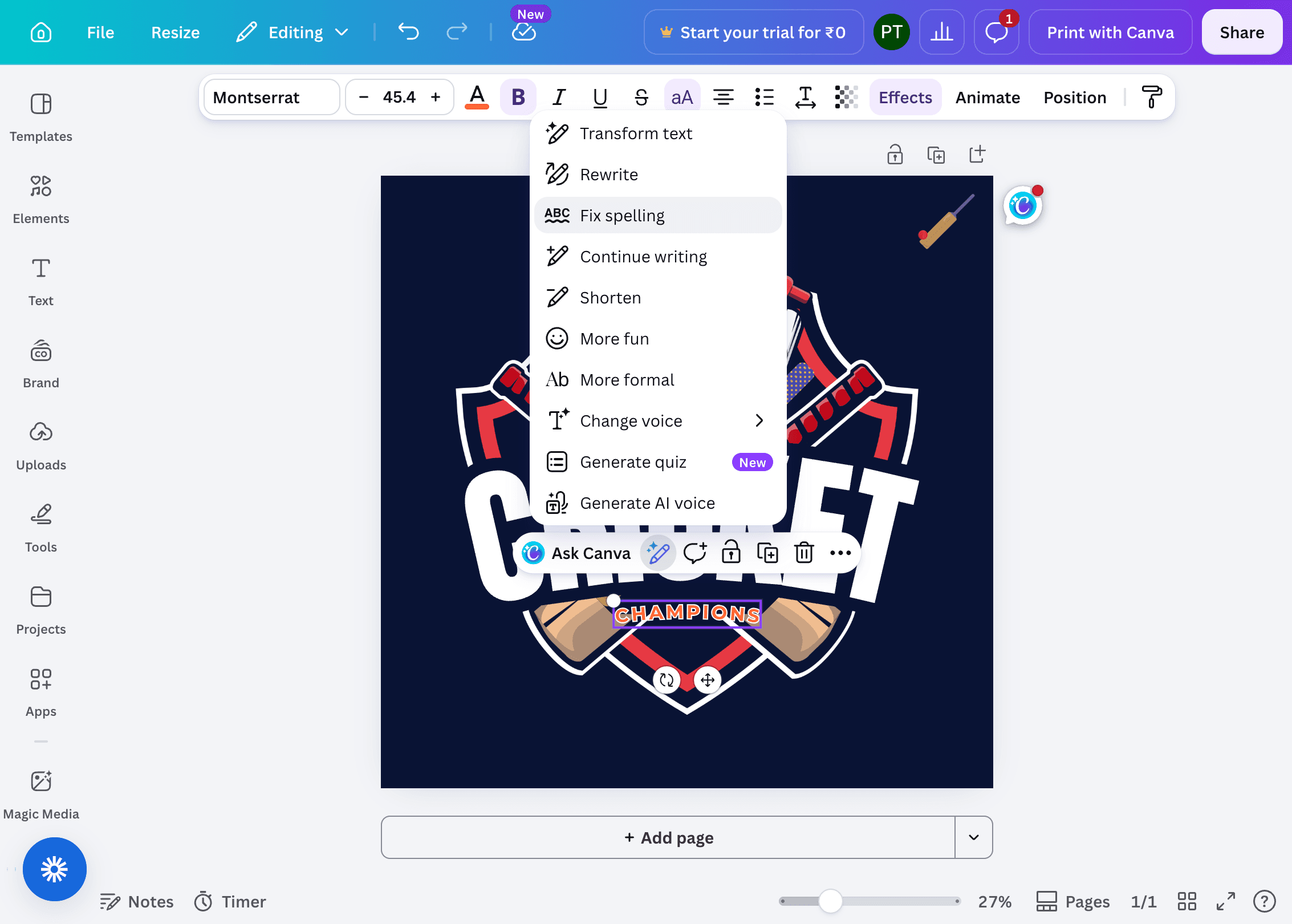 Canva editor showing the Magic Write menu with Fix spelling selected.