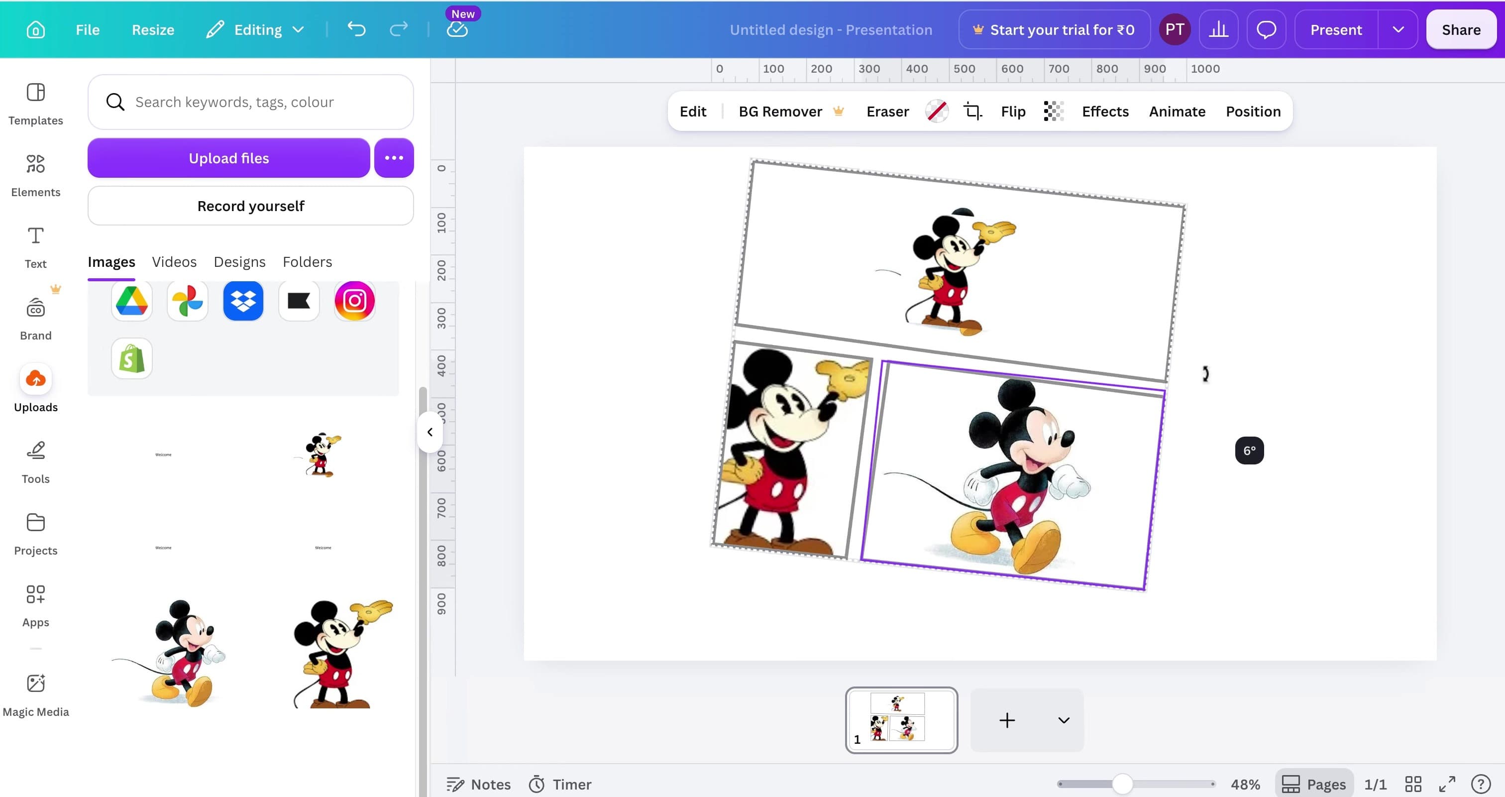 Canva editor showing a rotated three-image collage with one grid cell selected.