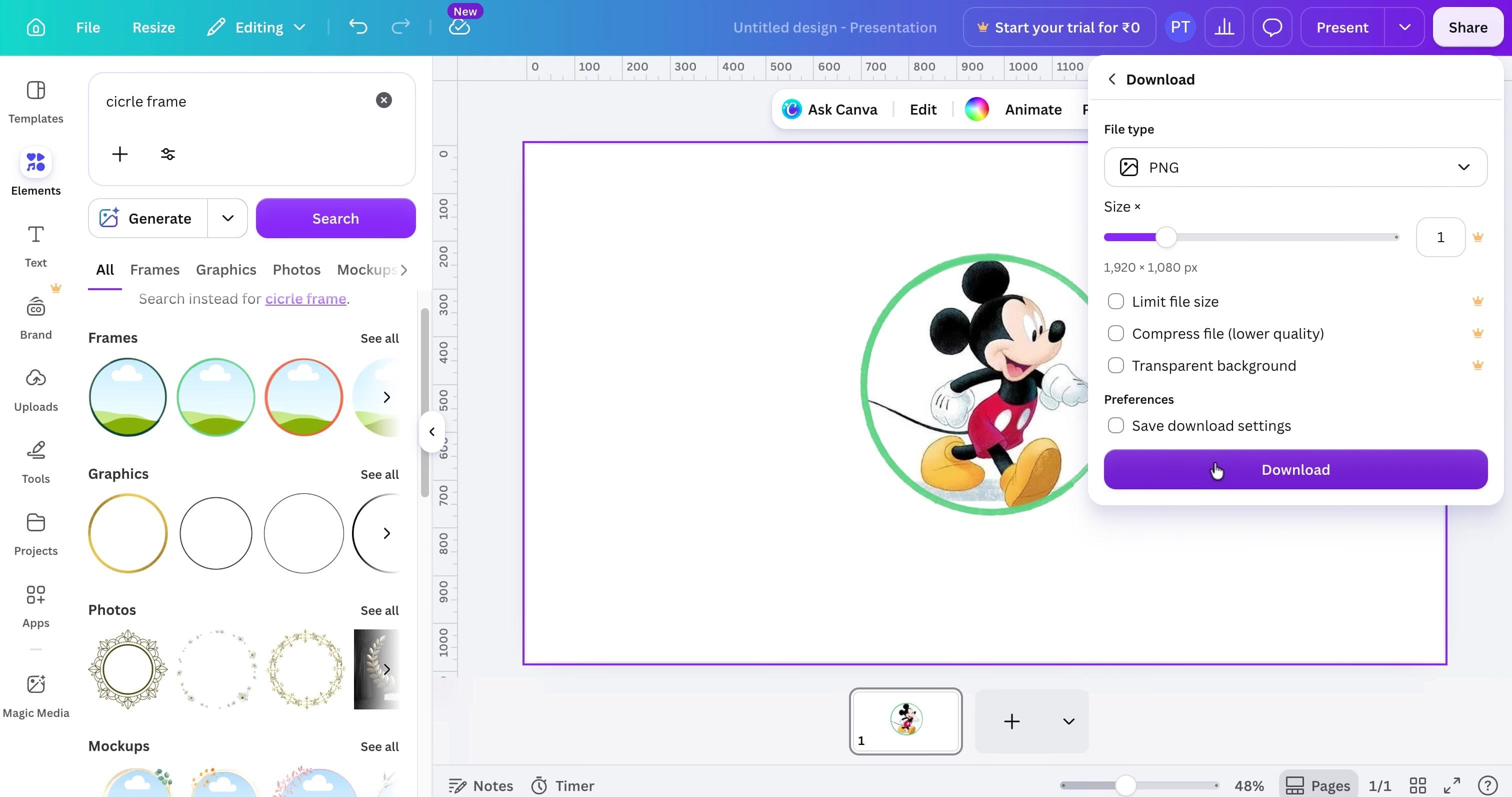 Canva editor showing a circular-framed image and the PNG download panel.