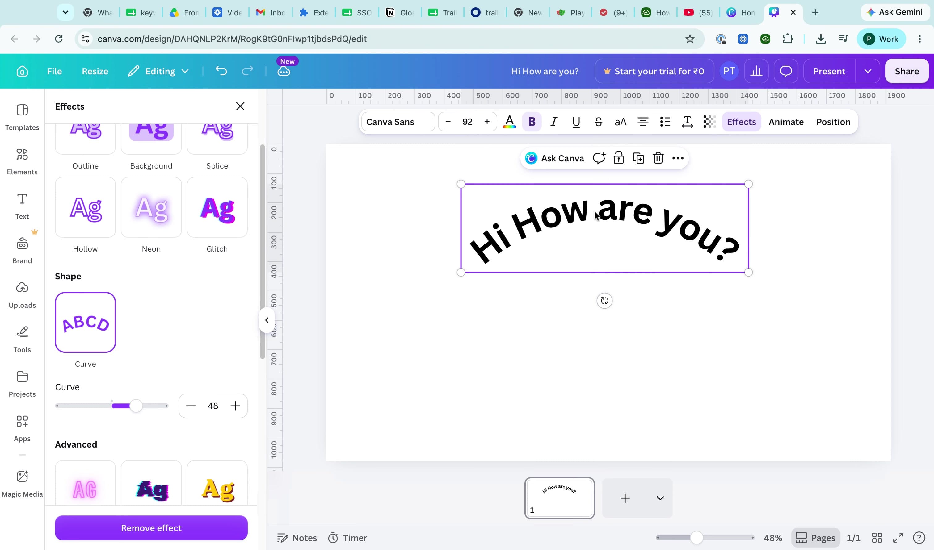 Canva editor showing curved text selected with the Effects panel open.